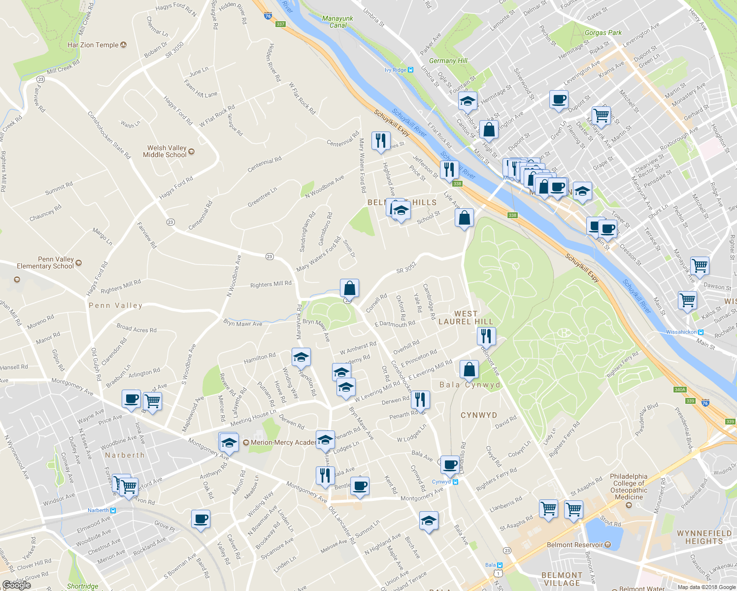 map of restaurants, bars, coffee shops, grocery stores, and more near 26 Rock Hill Road in Bala Cynwyd