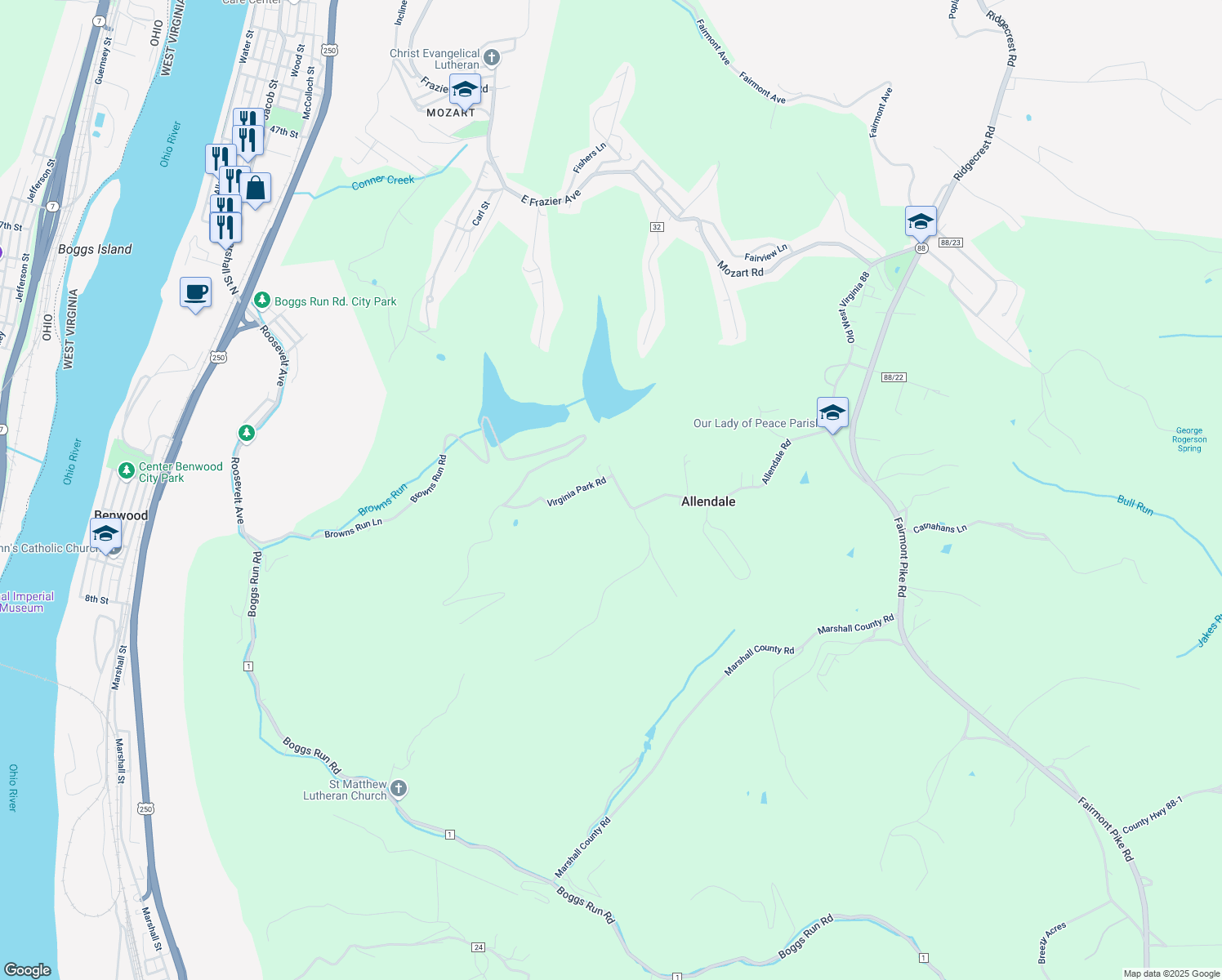 map of restaurants, bars, coffee shops, grocery stores, and more near 69 Virginia Park Road in Wheeling