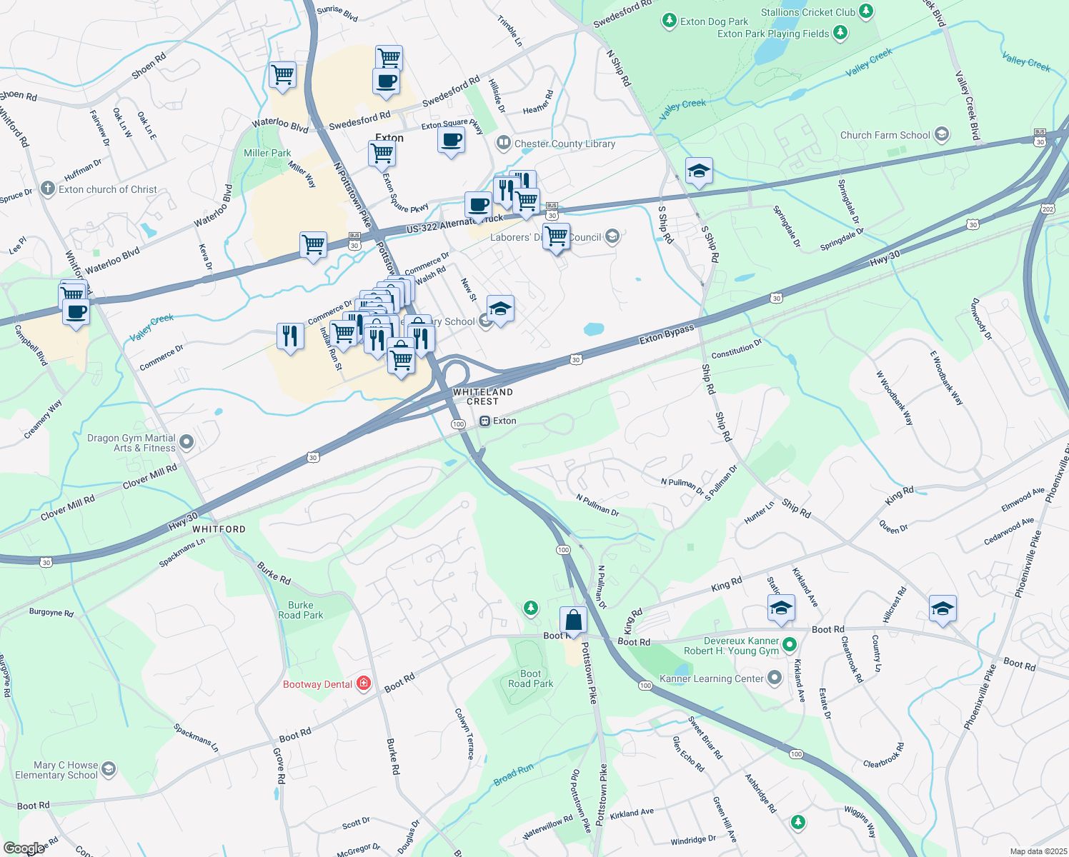 map of restaurants, bars, coffee shops, grocery stores, and more near 124 Mountain View Dr in West Chester