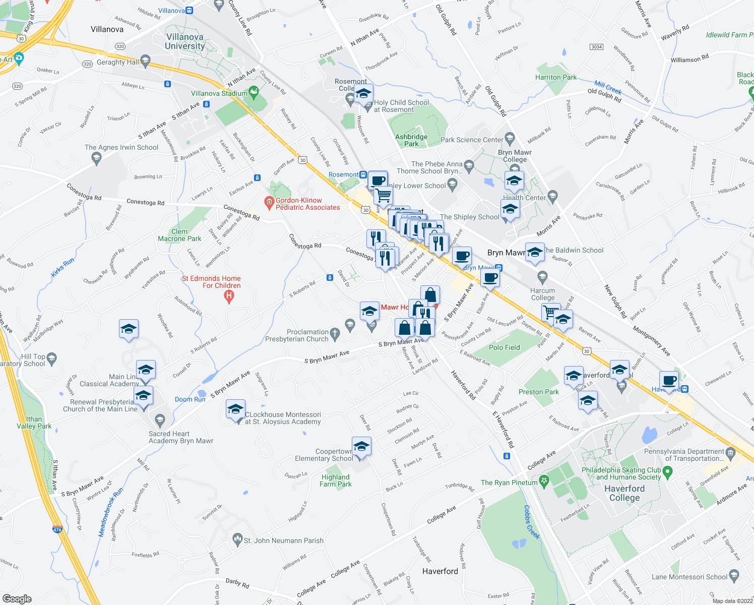 map of restaurants, bars, coffee shops, grocery stores, and more near 13 Beatrice Drive in Bryn Mawr