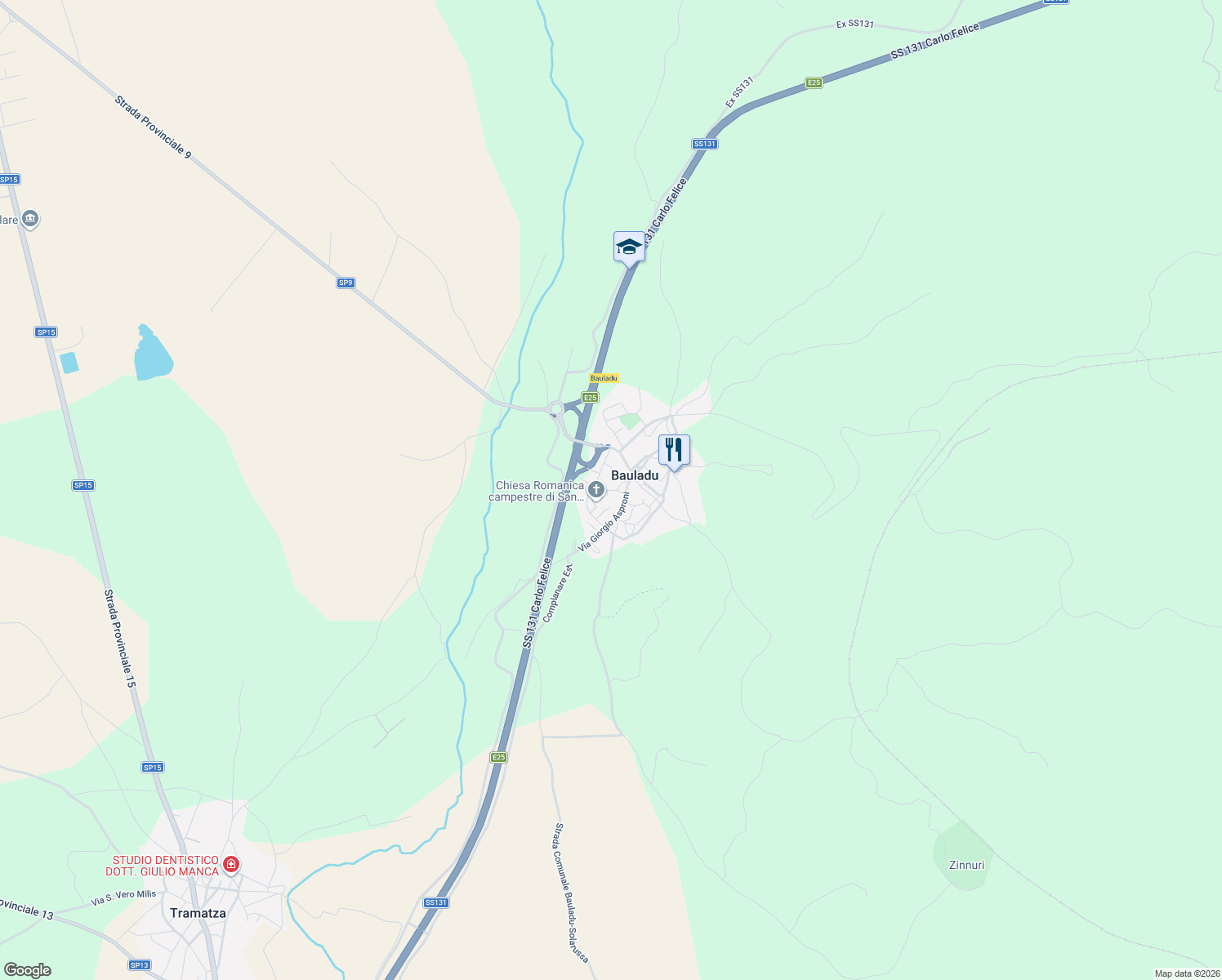 map of restaurants, bars, coffee shops, grocery stores, and more near 41 Via Arruga Dominigheddu Atza in Bauladu