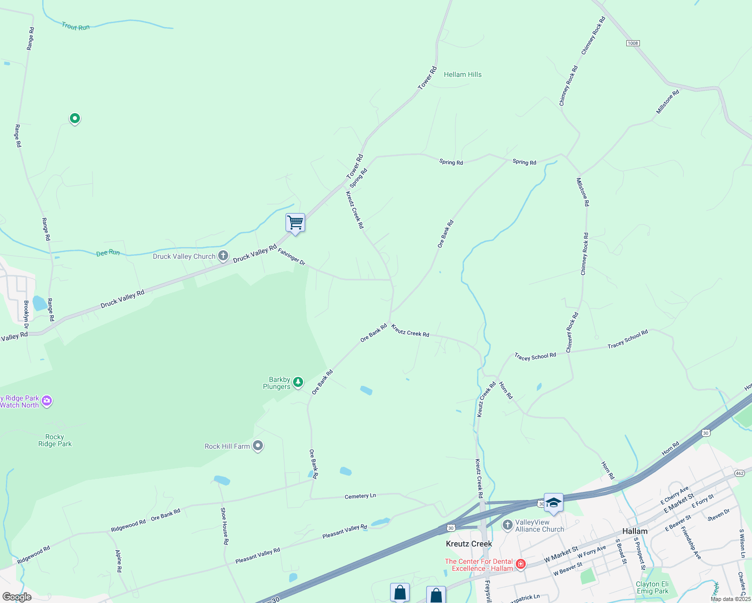 map of restaurants, bars, coffee shops, grocery stores, and more near 755 Kreutz Creek Road in York