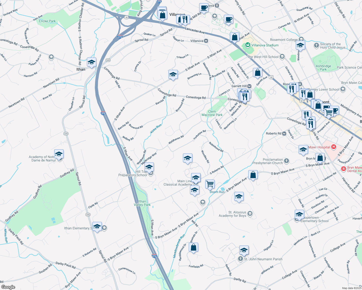 map of restaurants, bars, coffee shops, grocery stores, and more near 404 Yorkshire Road in Bryn Mawr
