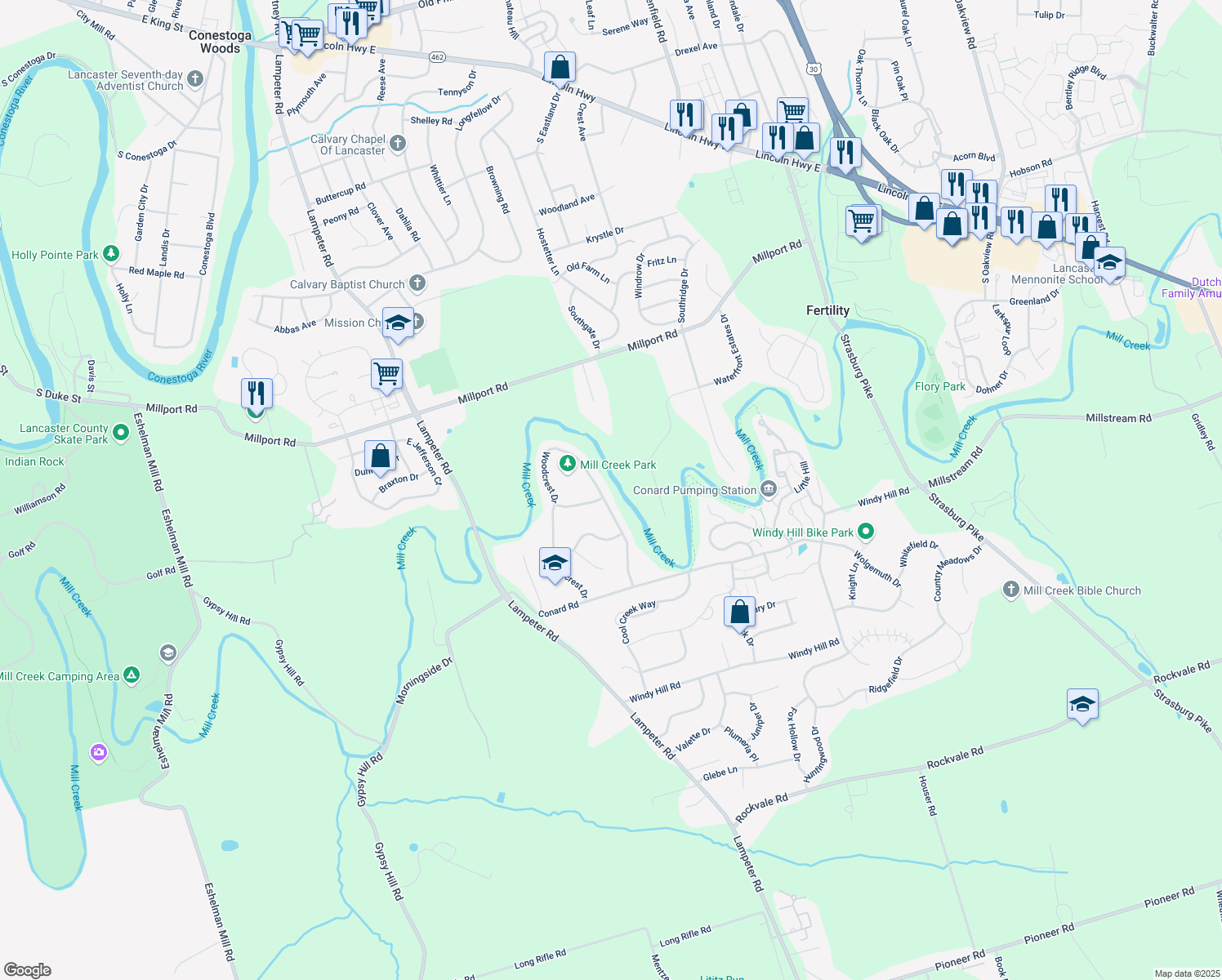map of restaurants, bars, coffee shops, grocery stores, and more near 348 Woodcrest Dr in Lancaster