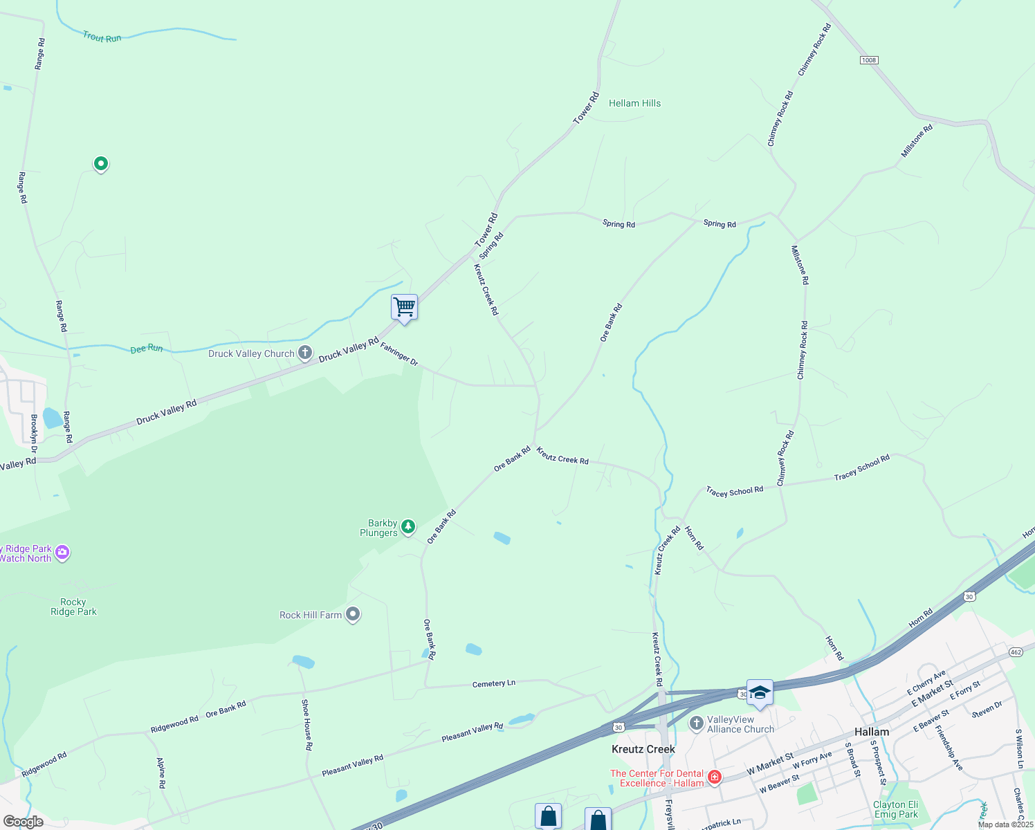 map of restaurants, bars, coffee shops, grocery stores, and more near 755 Kreutz Creek Road in York