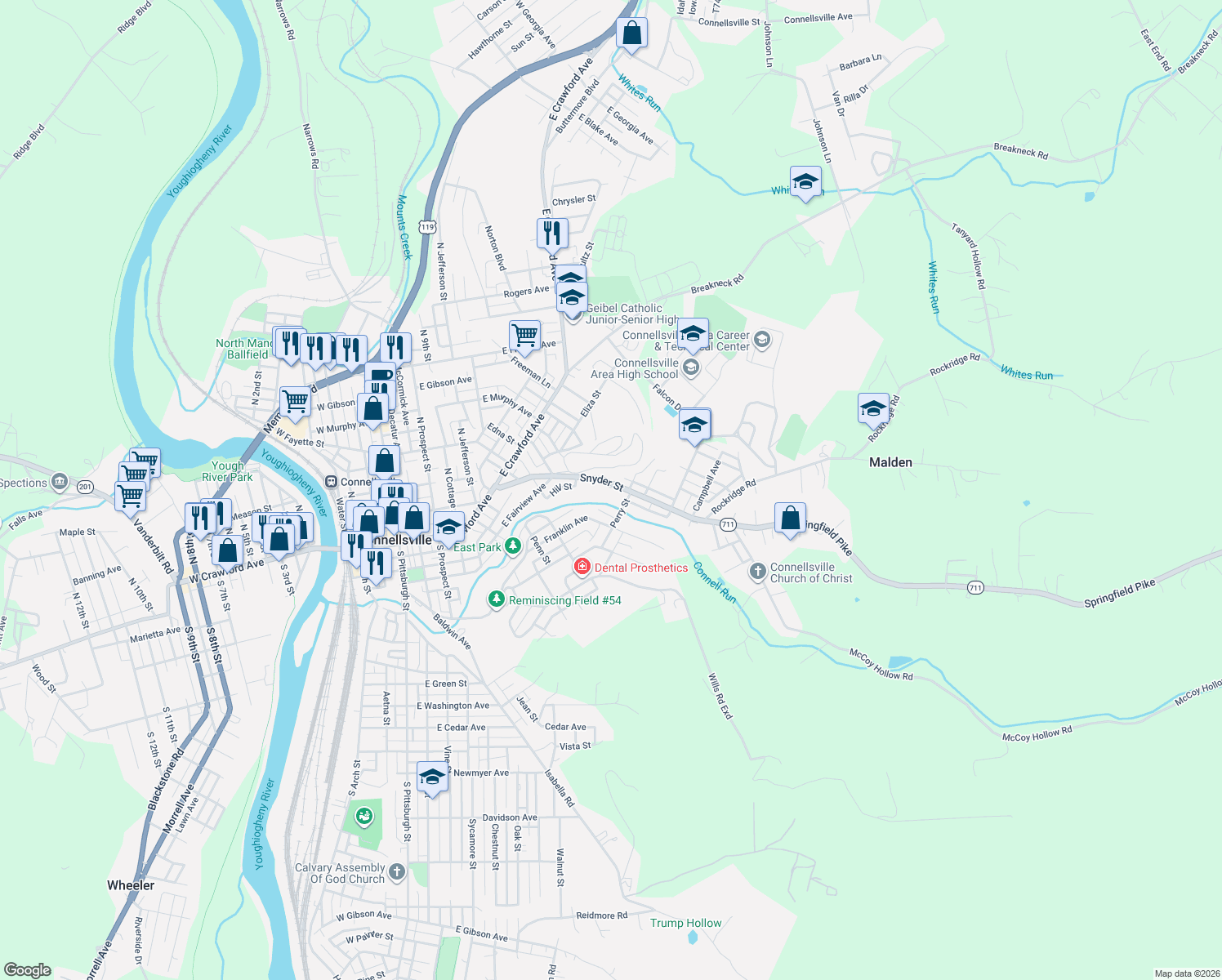 map of restaurants, bars, coffee shops, grocery stores, and more near 414 Snyder St in Connellsville