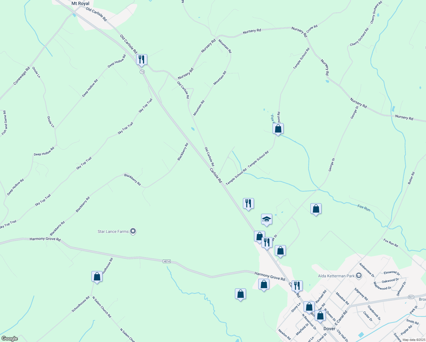 map of restaurants, bars, coffee shops, grocery stores, and more near 2782 Old Carlisle Road in Dover