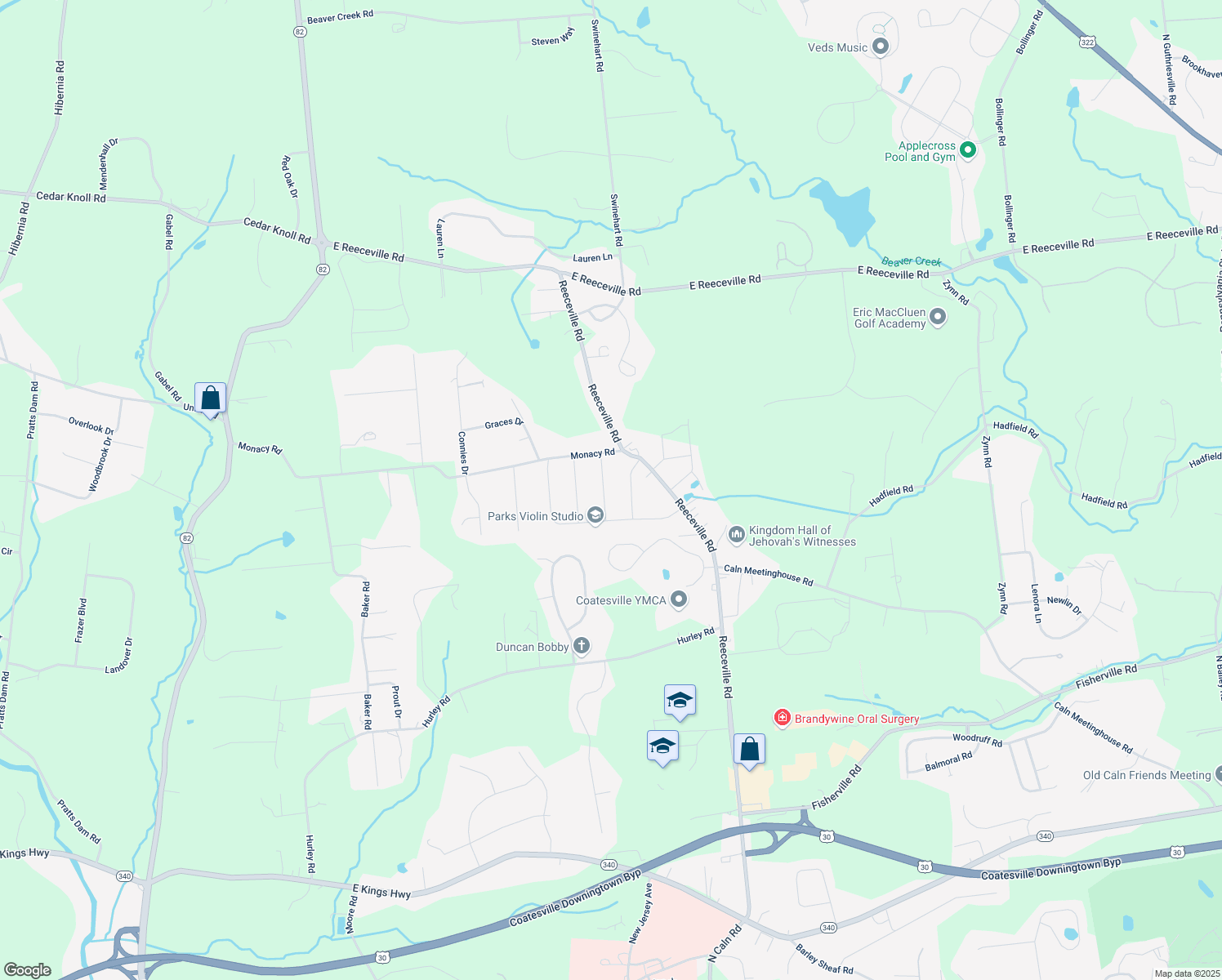 map of restaurants, bars, coffee shops, grocery stores, and more near 30 Holly Road in Coatesville