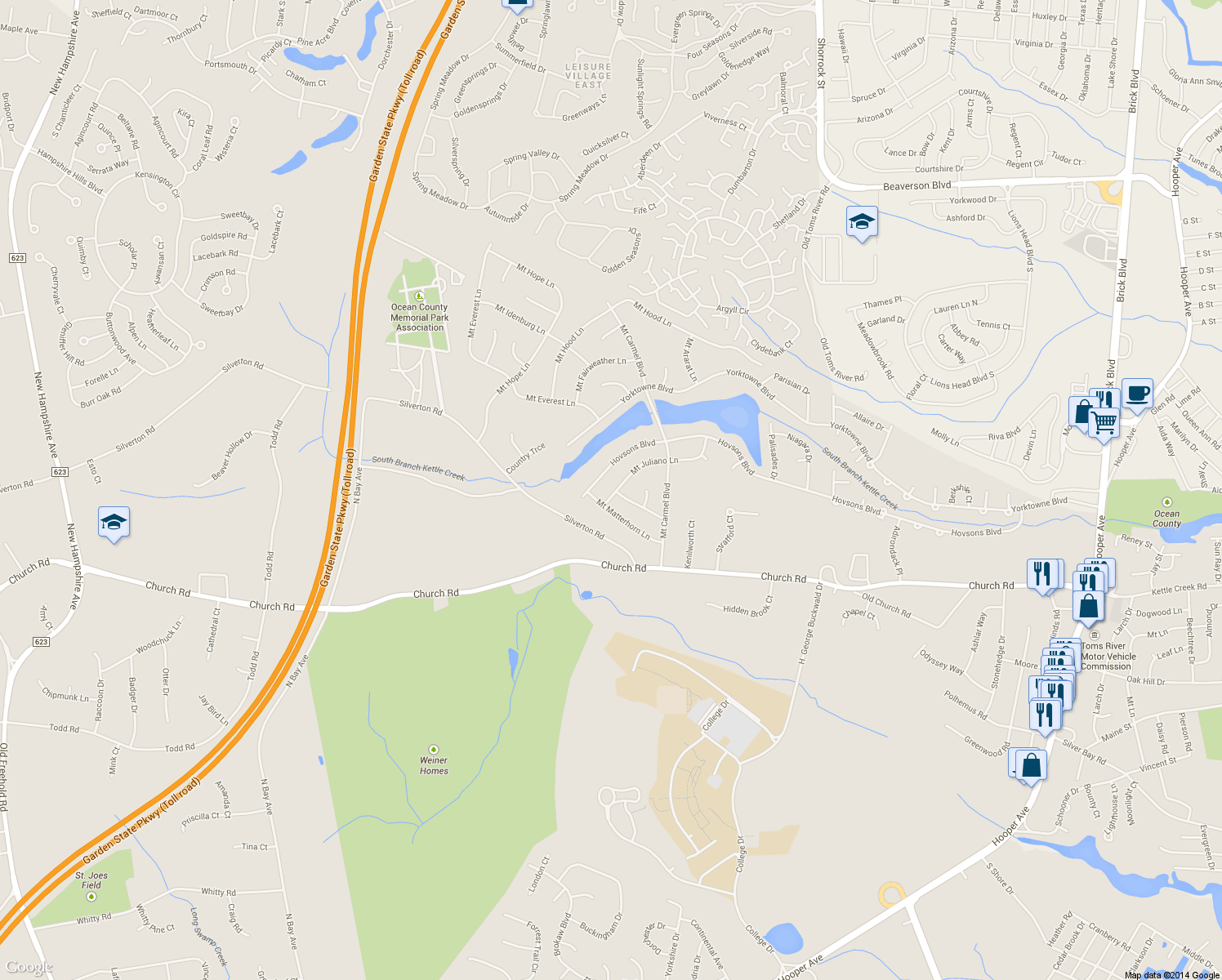 map of restaurants, bars, coffee shops, grocery stores, and more near 1816 Mount Juliano Lane in Toms River