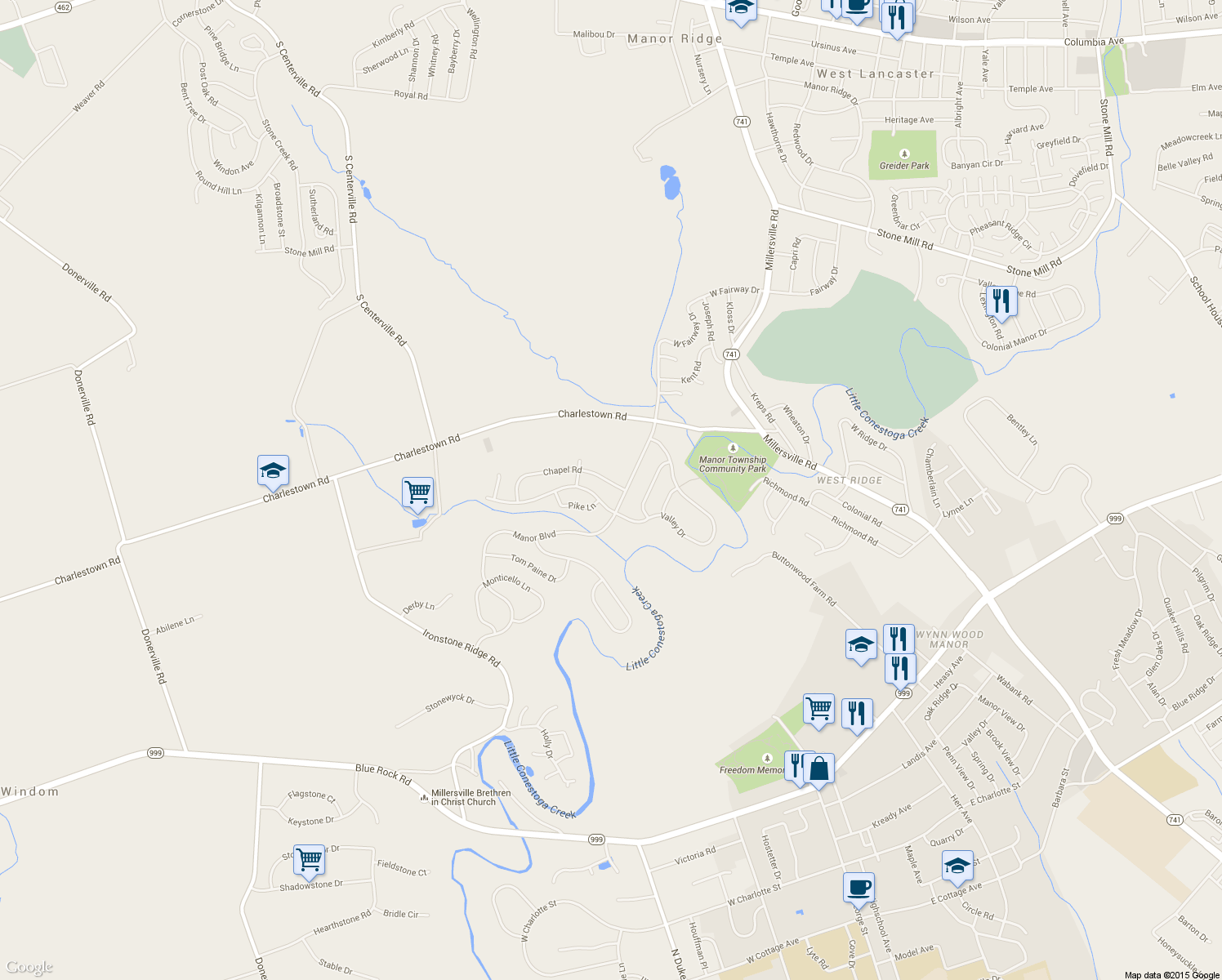 map of restaurants, bars, coffee shops, grocery stores, and more near 2616 Chapel Rd in Lancaster
