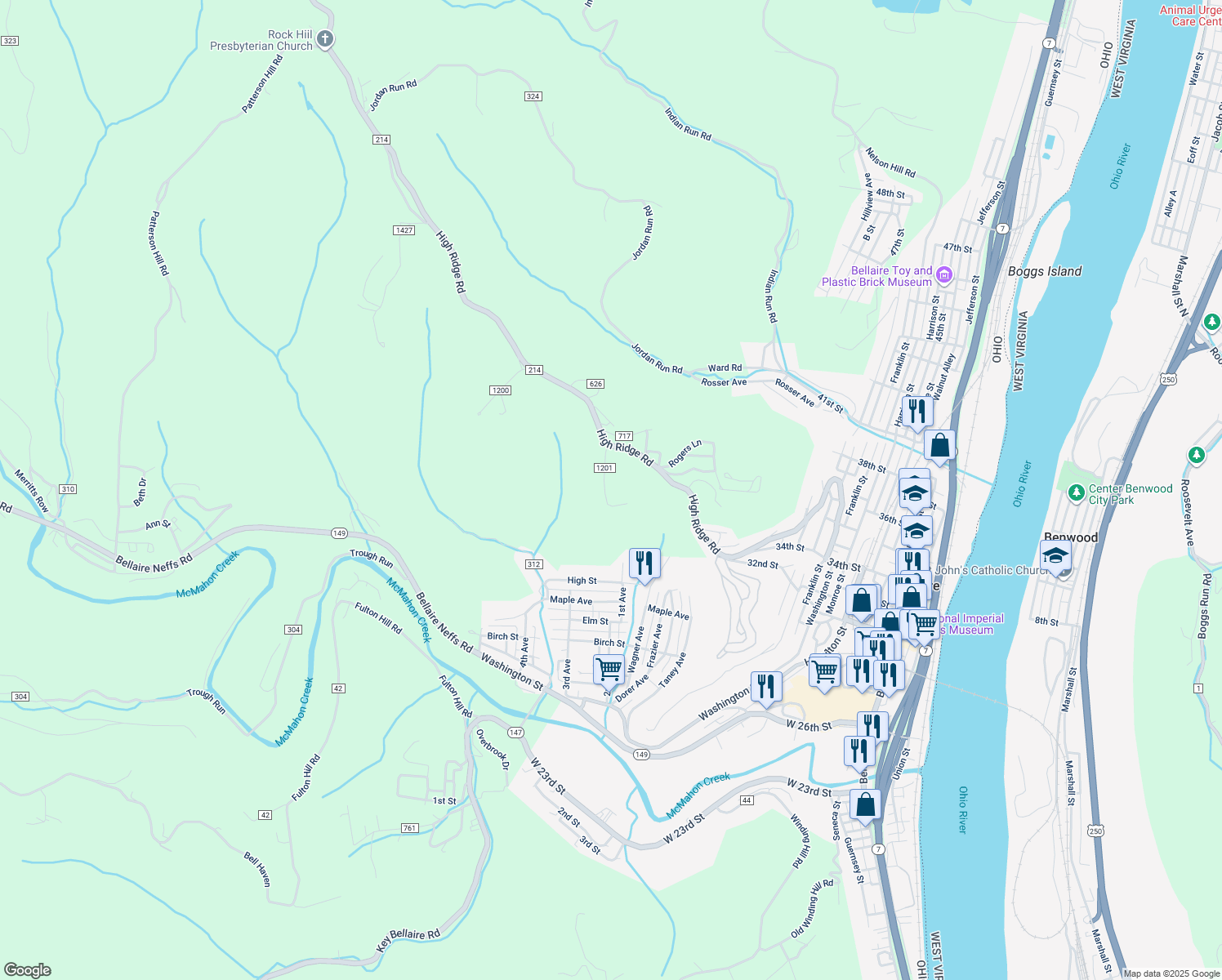 map of restaurants, bars, coffee shops, grocery stores, and more near 64491 Hilltop Avenue in Bellaire