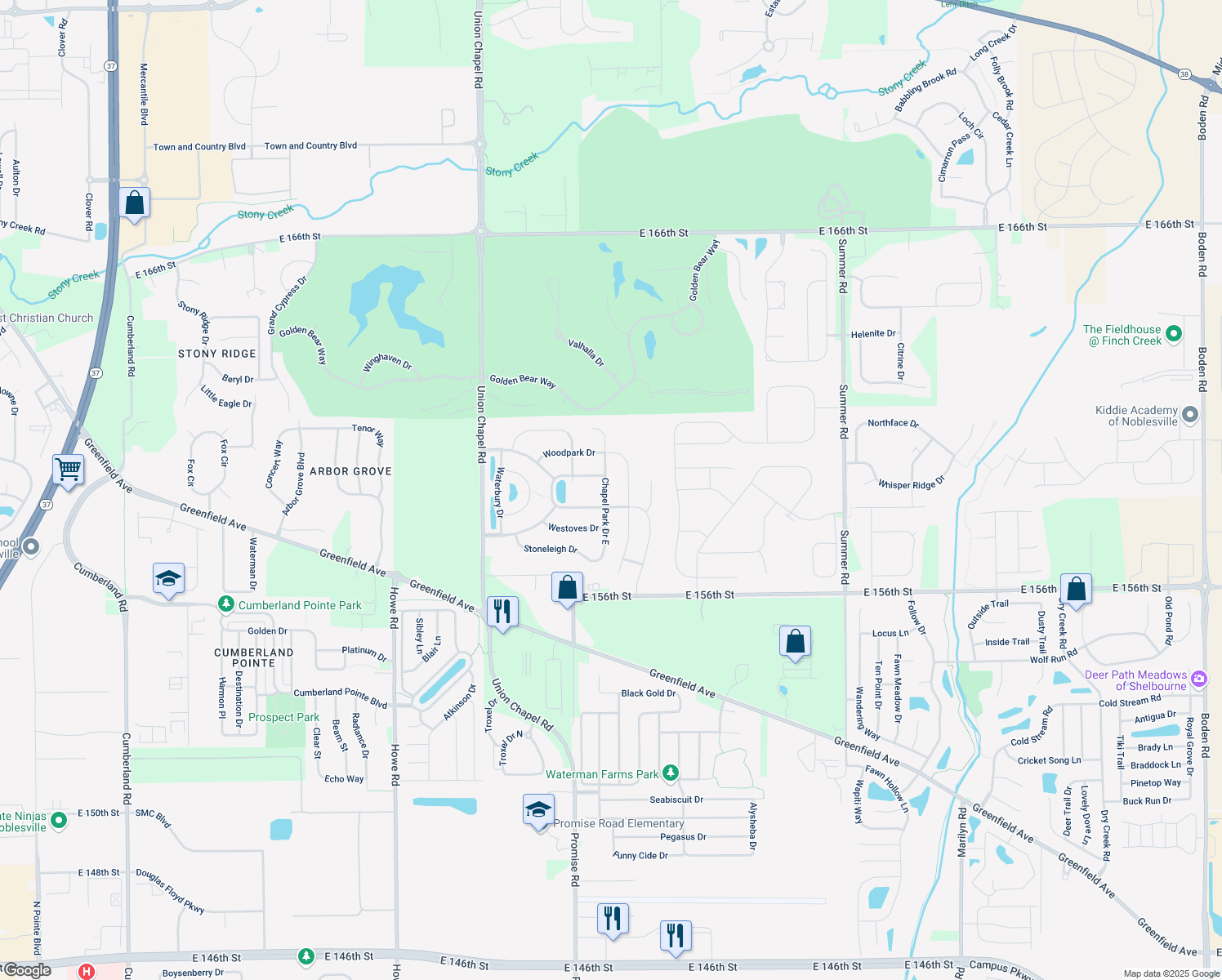 map of restaurants, bars, coffee shops, grocery stores, and more near 15892 Chapel Park Drive East in Noblesville