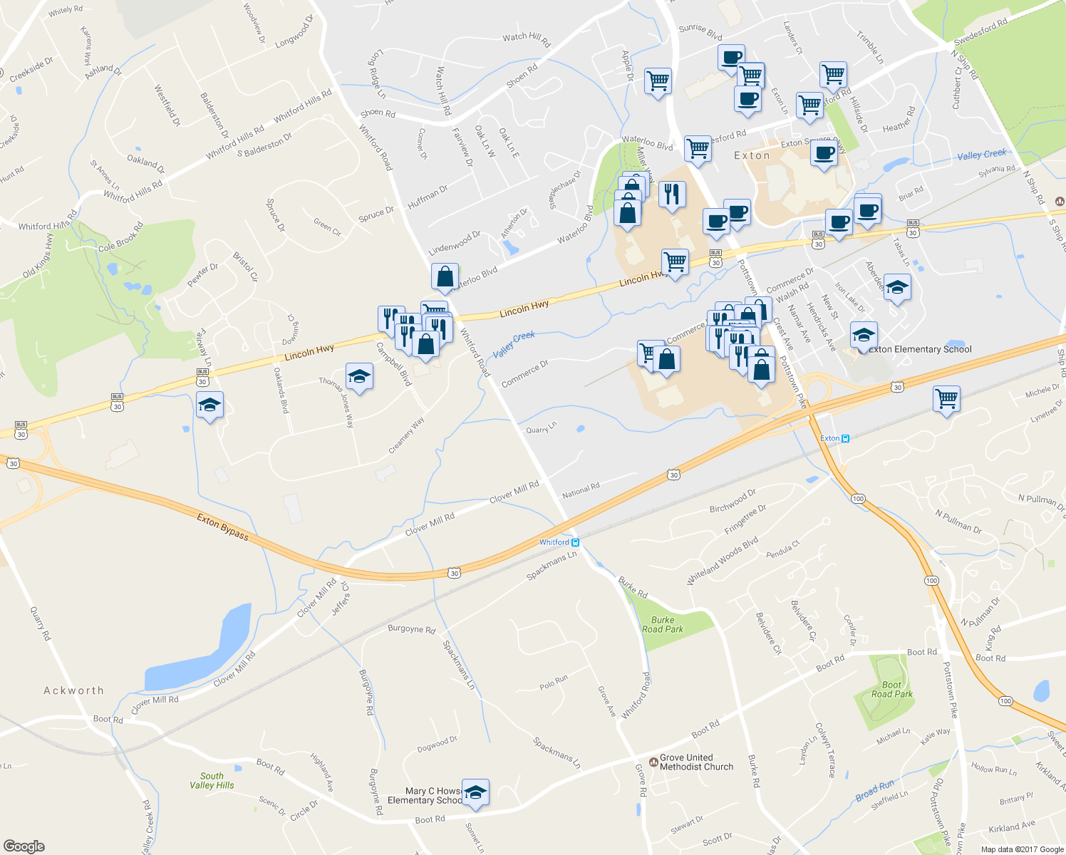 map of restaurants, bars, coffee shops, grocery stores, and more near 331 Quarry Lane in Exton