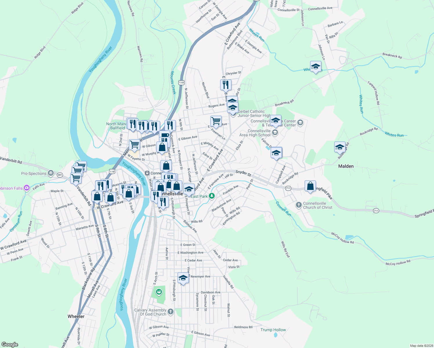map of restaurants, bars, coffee shops, grocery stores, and more near 124 Snyder St in Connellsville