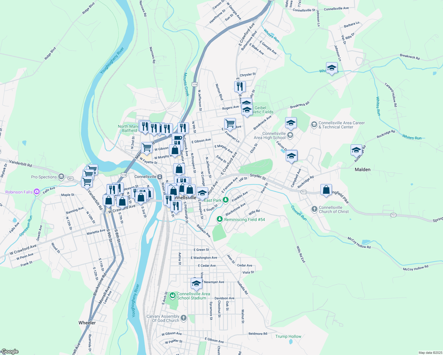 map of restaurants, bars, coffee shops, grocery stores, and more near 305 E Crawford Ave in Connellsville