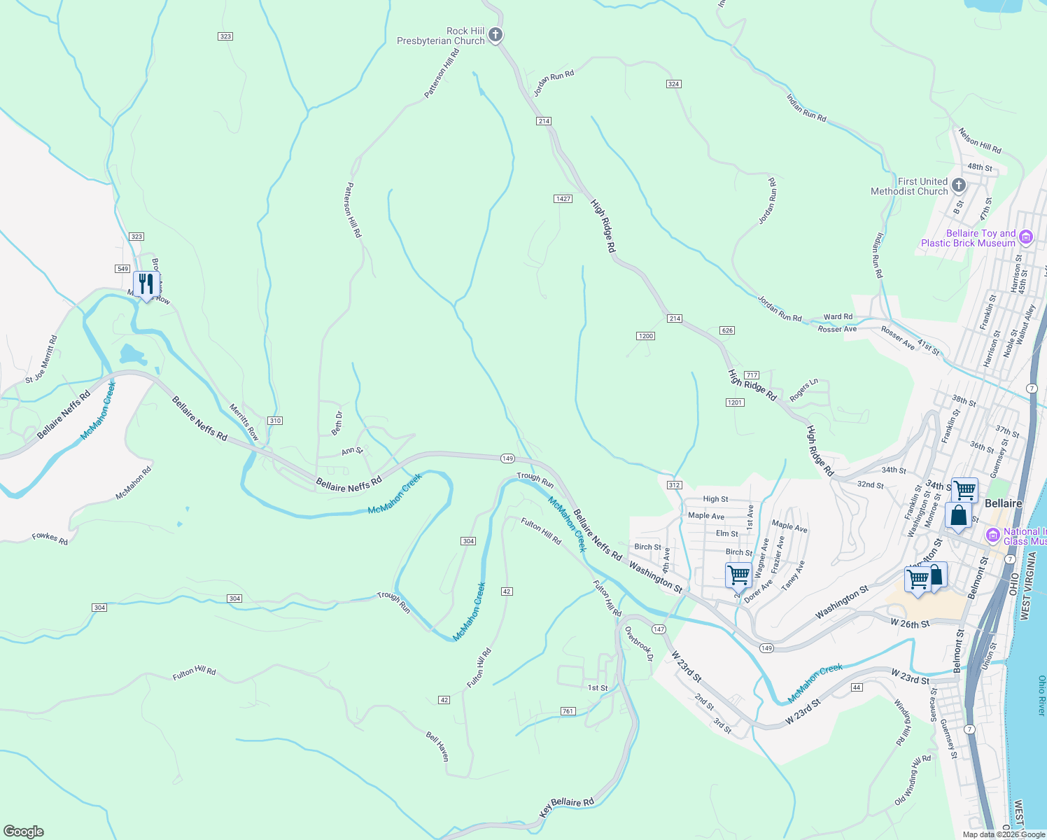 map of restaurants, bars, coffee shops, grocery stores, and more near 64459 Rock Hollow Road in Bellaire