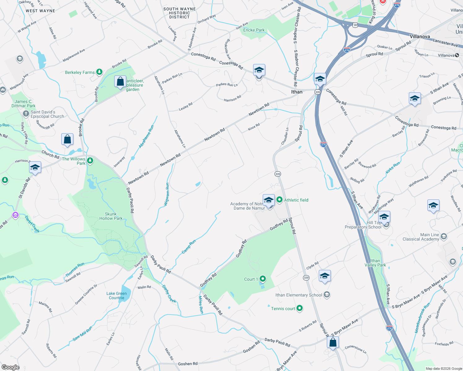 map of restaurants, bars, coffee shops, grocery stores, and more near 744 Campwoods Road in Villanova