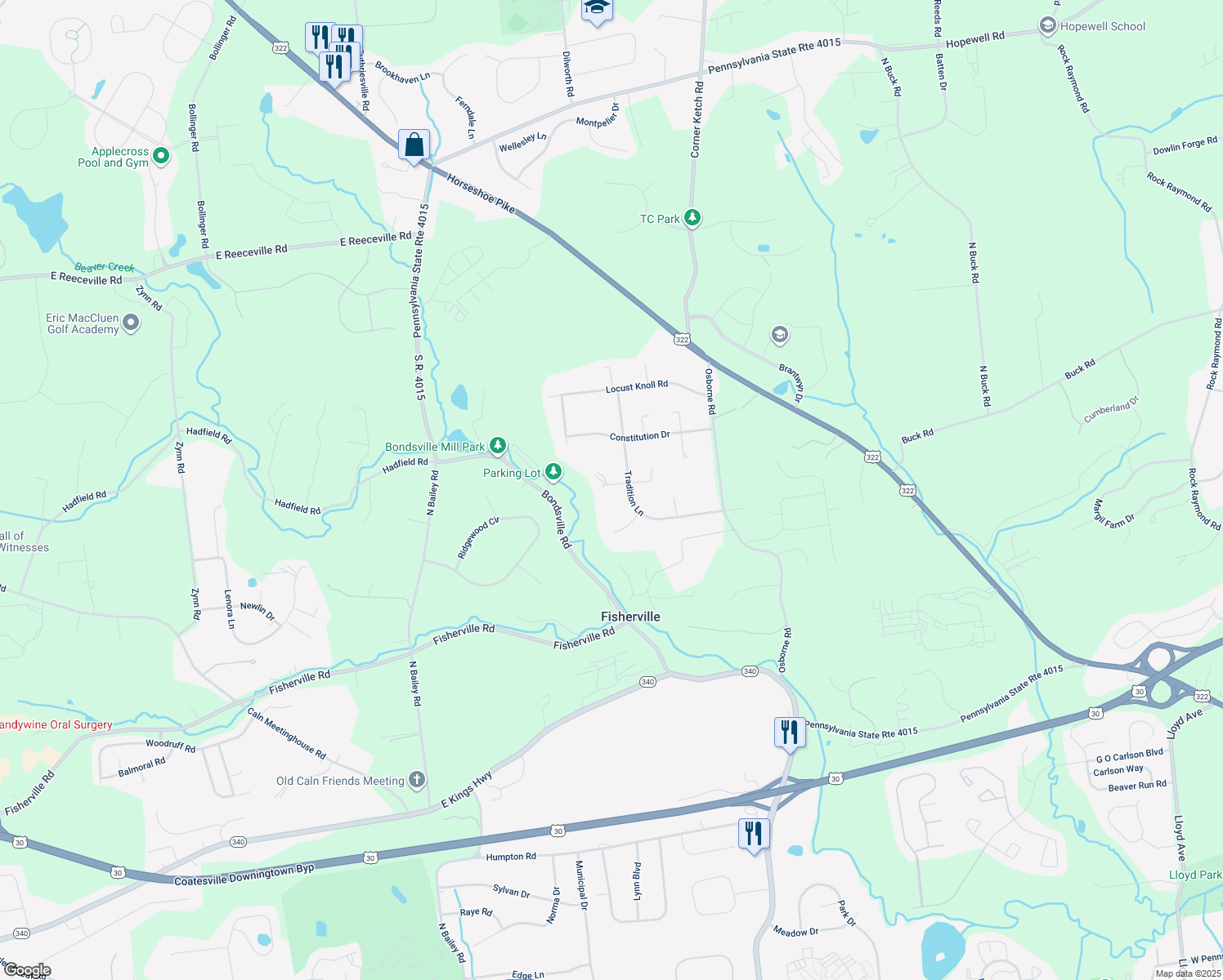 map of restaurants, bars, coffee shops, grocery stores, and more near 2 West Merion Circle in Downingtown