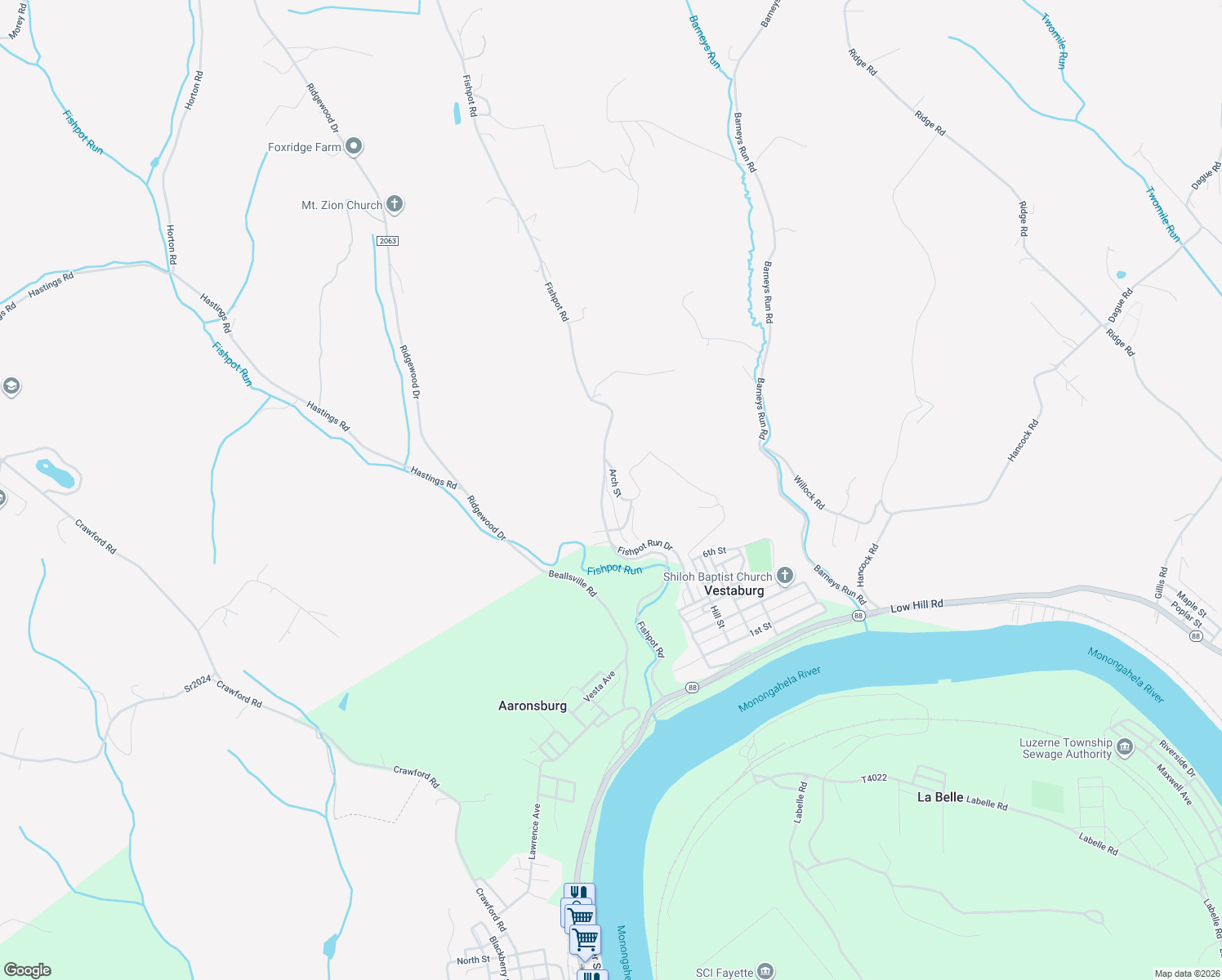 map of restaurants, bars, coffee shops, grocery stores, and more near 21 Arch Street in Vestaburg