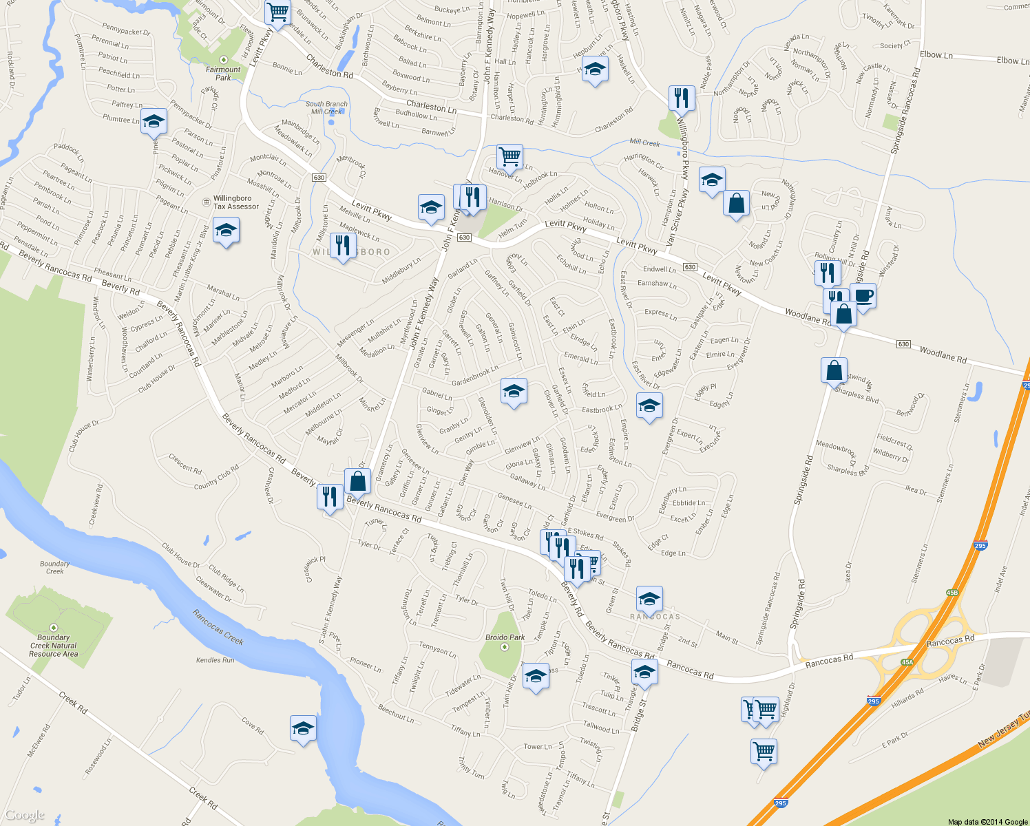 map of restaurants, bars, coffee shops, grocery stores, and more near 24 Glenolden Lane in Willingboro Township
