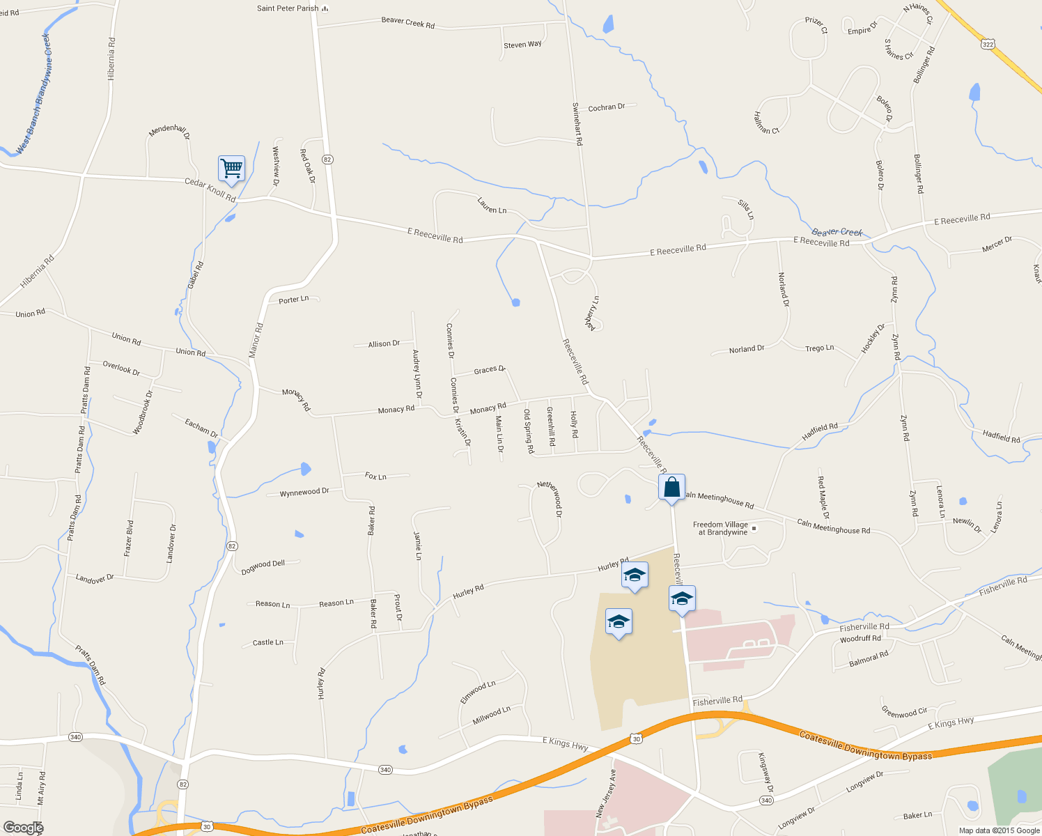 map of restaurants, bars, coffee shops, grocery stores, and more near 185 Old Spring Road in Coatesville