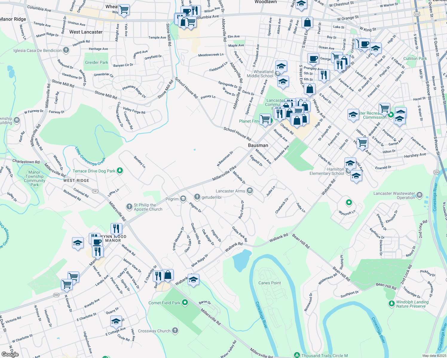 map of restaurants, bars, coffee shops, grocery stores, and more near 1700 Millersville Pike in Lancaster