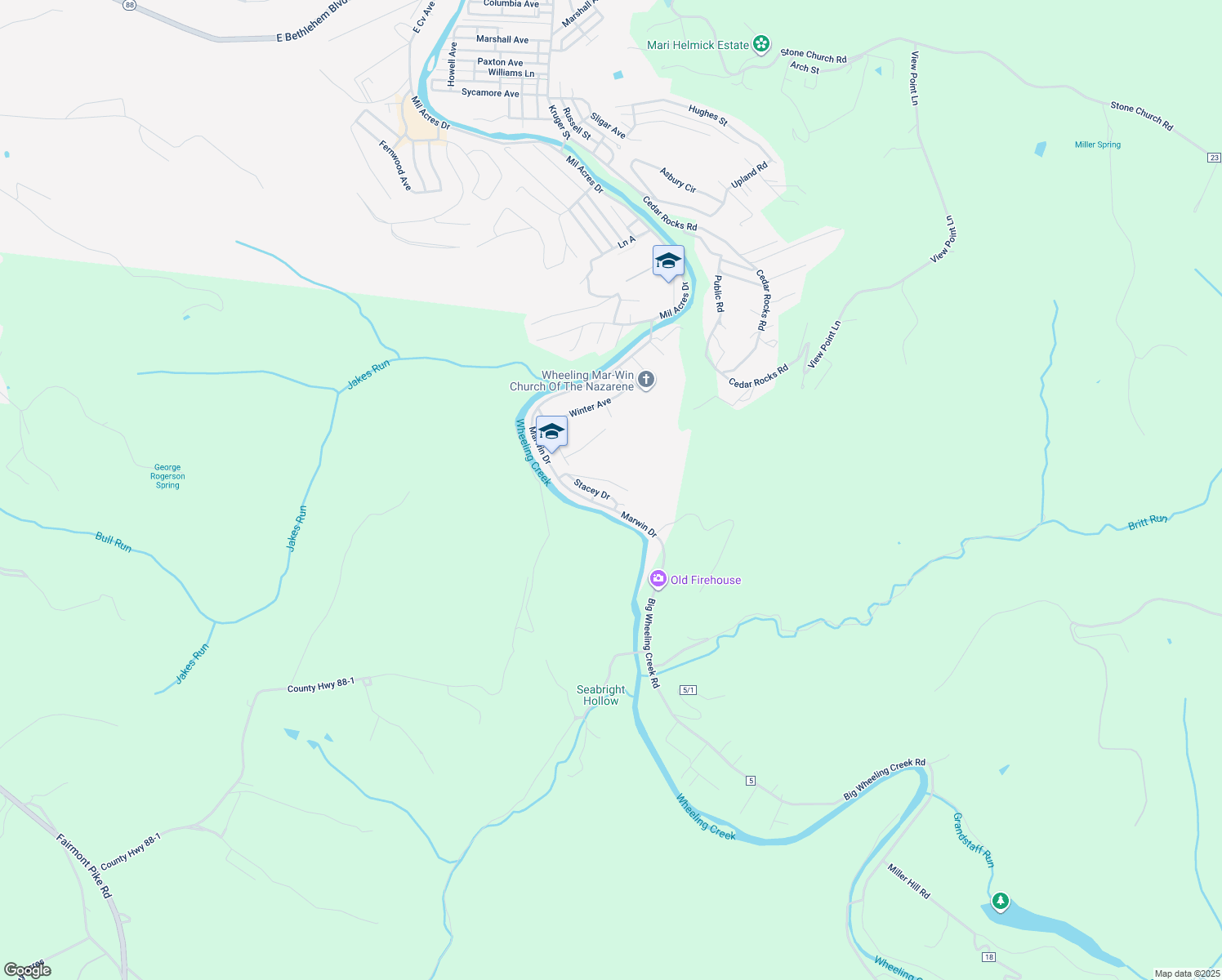 map of restaurants, bars, coffee shops, grocery stores, and more near 23 Mountaineer Circle in Wheeling