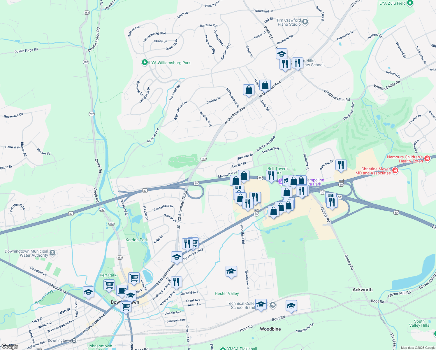map of restaurants, bars, coffee shops, grocery stores, and more near 100 Madison Way in Downingtown