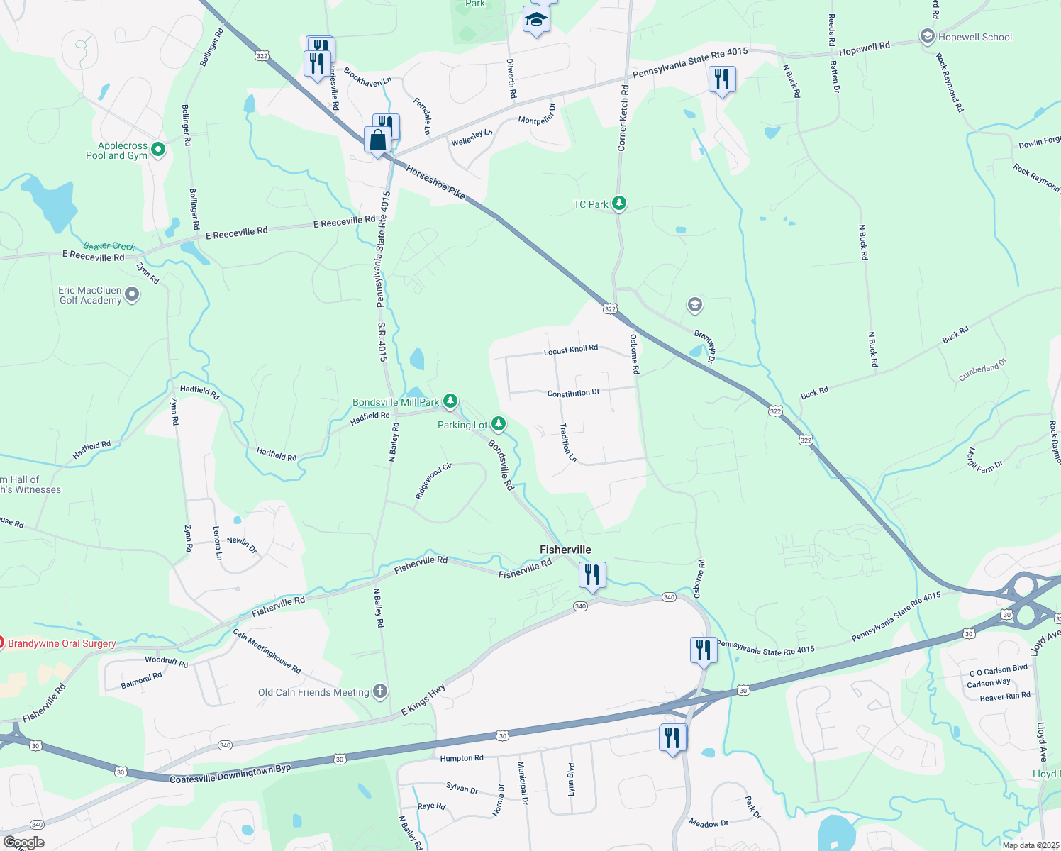 map of restaurants, bars, coffee shops, grocery stores, and more near 2 West Merion Circle in Downingtown