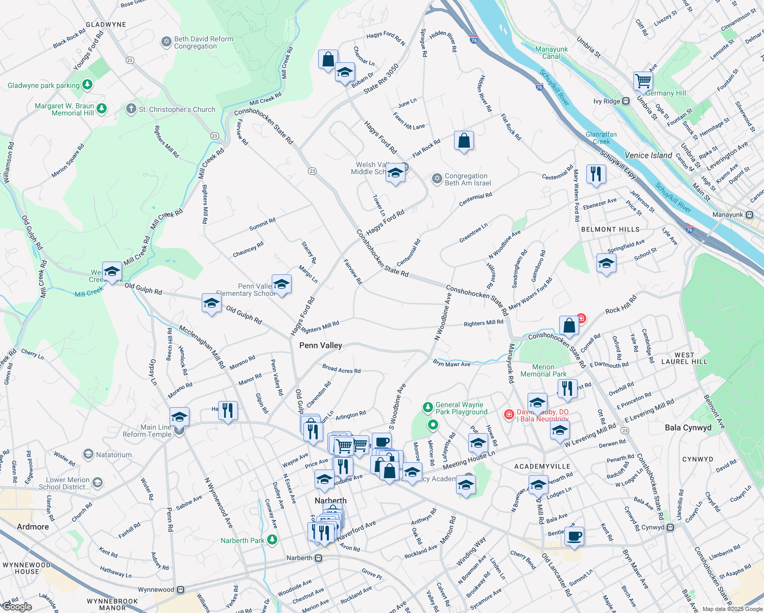 map of restaurants, bars, coffee shops, grocery stores, and more near 514 Fairview Road in Penn Valley