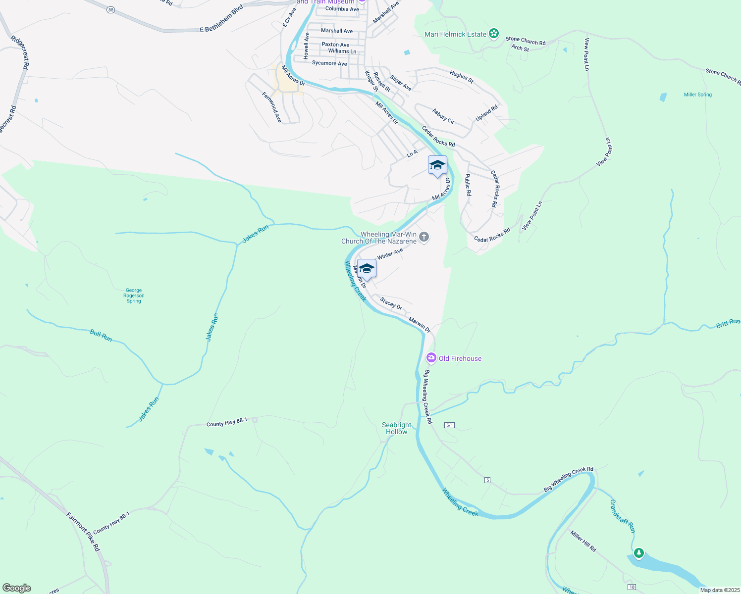 map of restaurants, bars, coffee shops, grocery stores, and more near 1 Stacey Drive in Wheeling