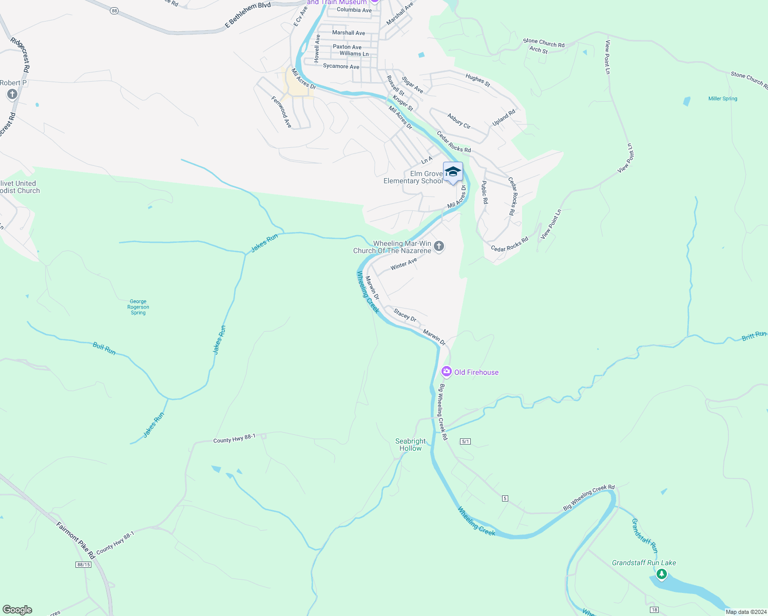 map of restaurants, bars, coffee shops, grocery stores, and more near 247 Marwin Drive in Wheeling