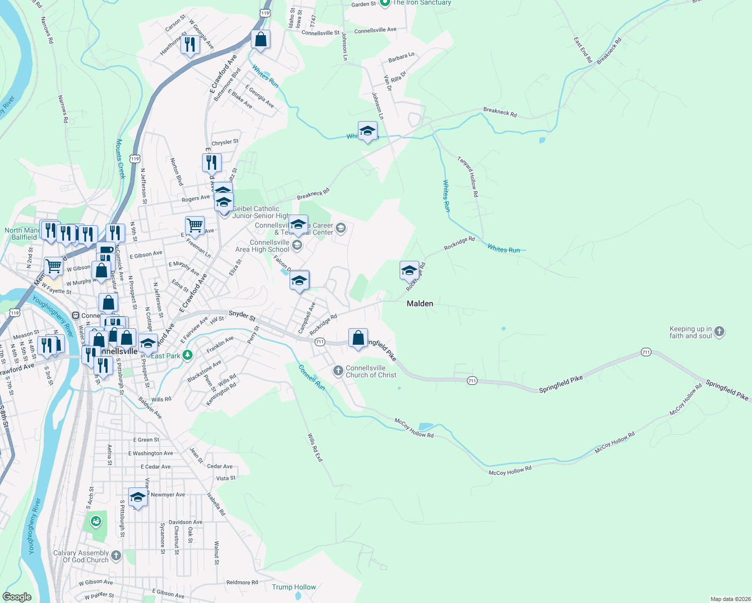 map of restaurants, bars, coffee shops, grocery stores, and more near 614 Rockridge Rd in Connellsville