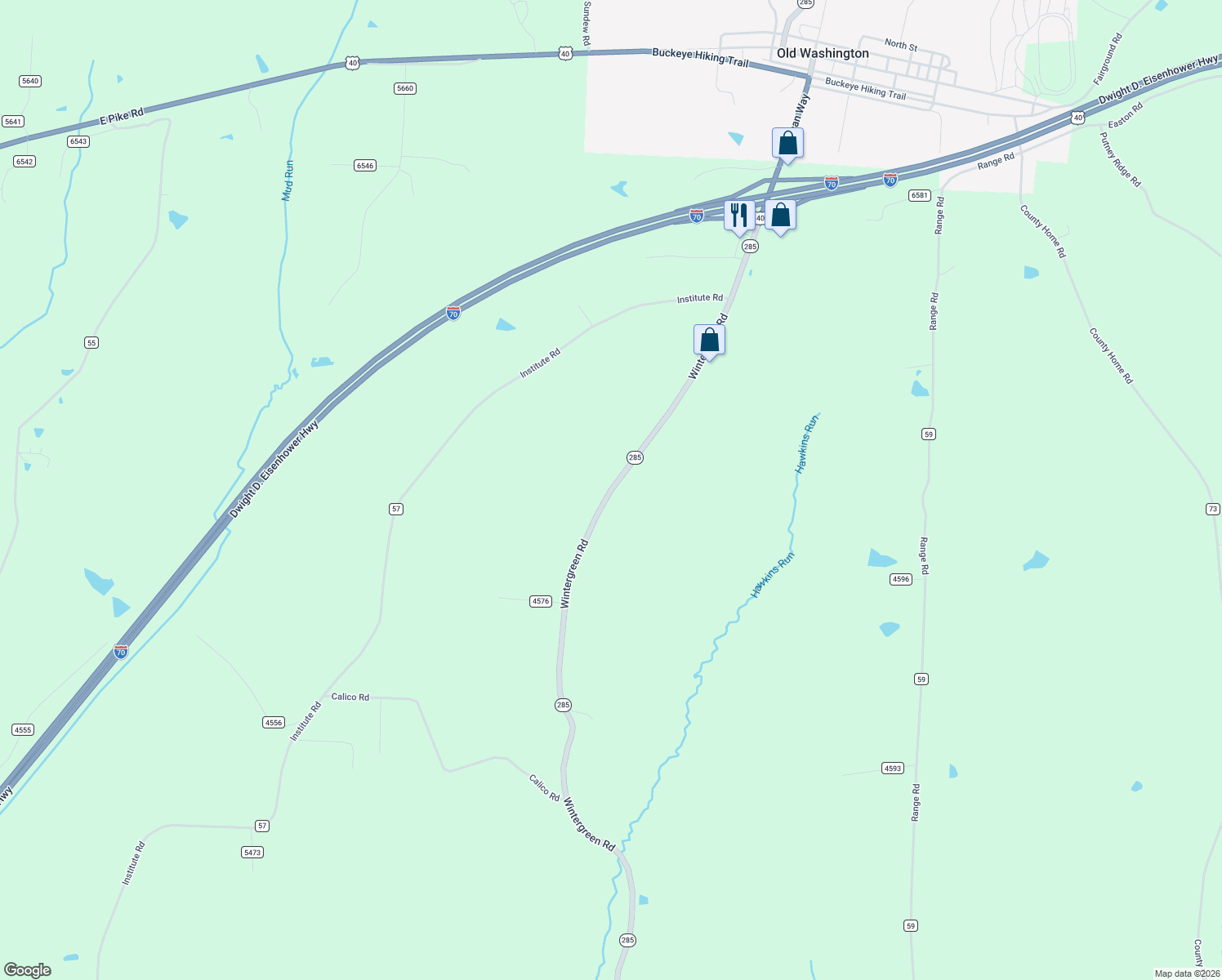 map of restaurants, bars, coffee shops, grocery stores, and more near 63819 Wintergreen Road in Lore City