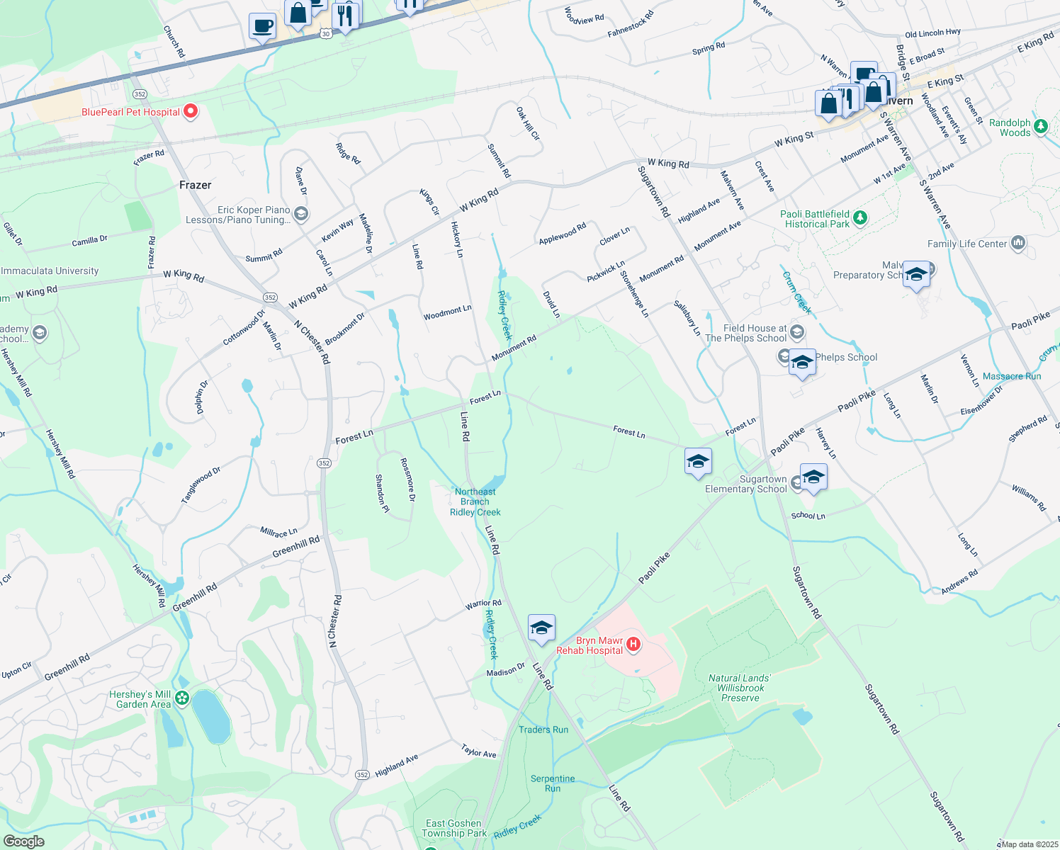 map of restaurants, bars, coffee shops, grocery stores, and more near 6 Tiburon Lane in Malvern