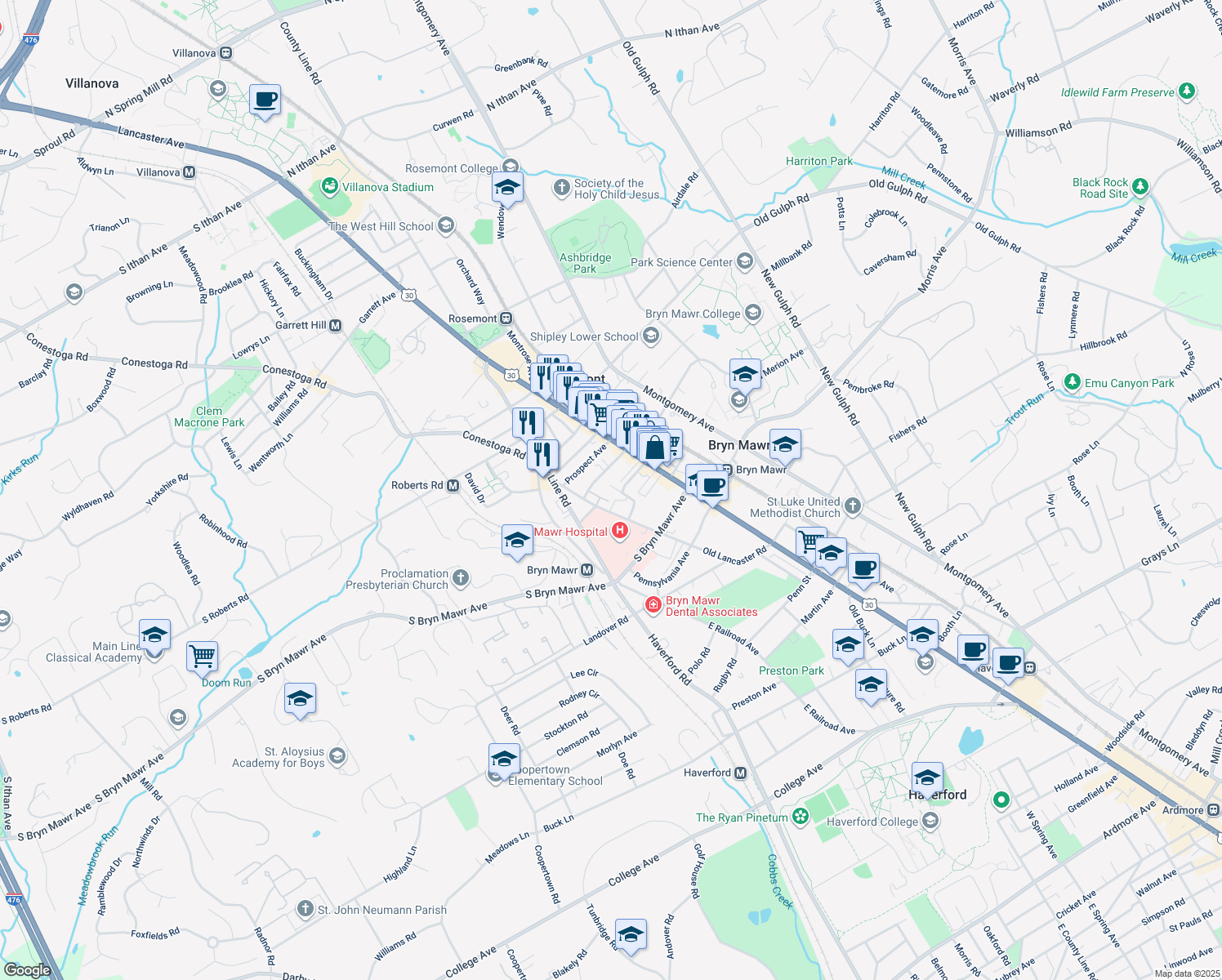 map of restaurants, bars, coffee shops, grocery stores, and more near 854 Summit Grove Avenue in Bryn Mawr