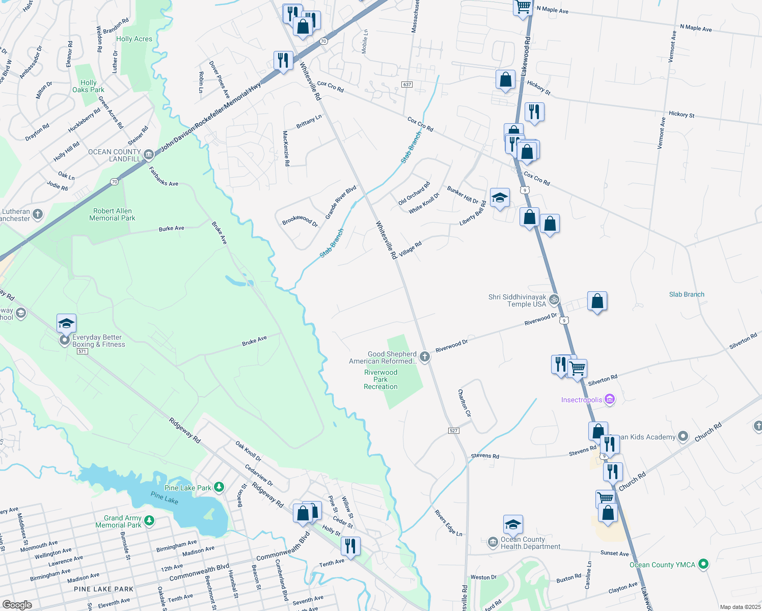 map of restaurants, bars, coffee shops, grocery stores, and more near 216 Medjay Lane in Toms River