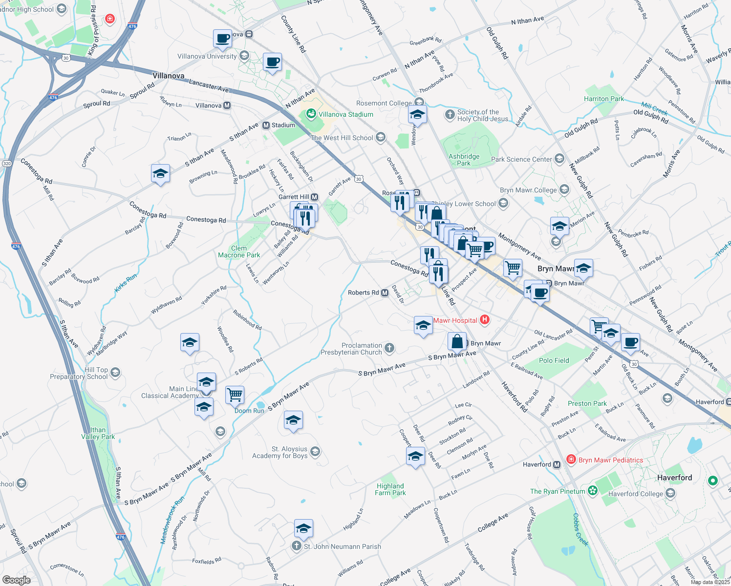 map of restaurants, bars, coffee shops, grocery stores, and more near 262 South Roberts Road in Bryn Mawr