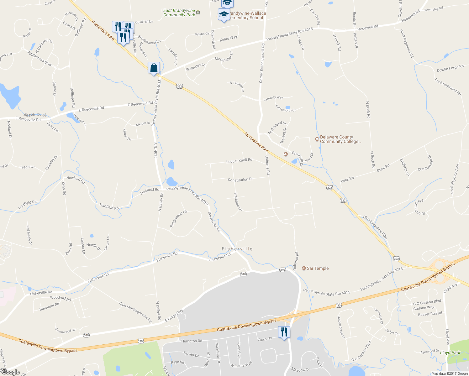 map of restaurants, bars, coffee shops, grocery stores, and more near 127 Tradition Lane in Downingtown