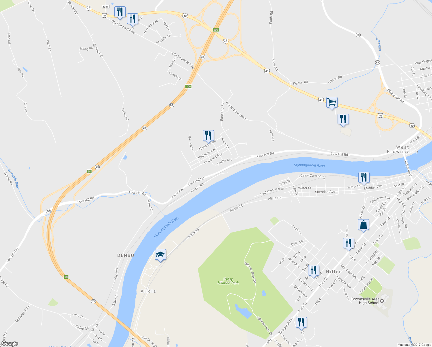 map of restaurants, bars, coffee shops, grocery stores, and more near 75 Low Hill Road in Brownsville