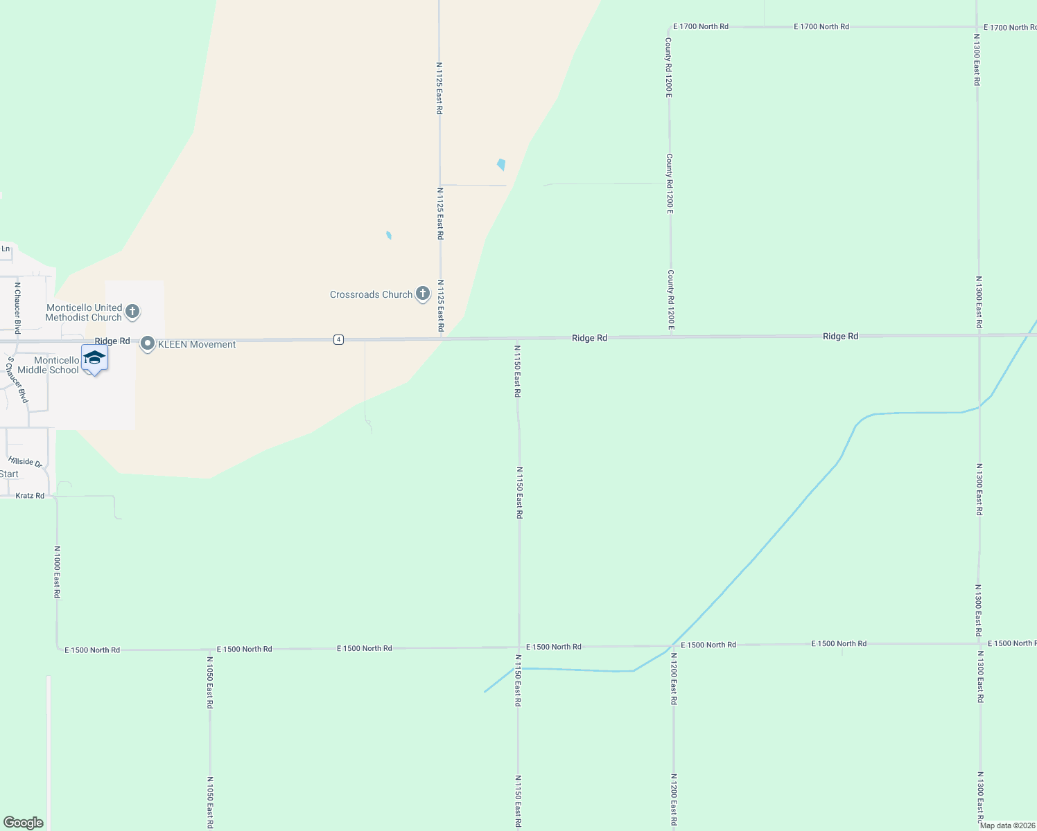 map of restaurants, bars, coffee shops, grocery stores, and more near 1575 North 1150 East Road in Monticello