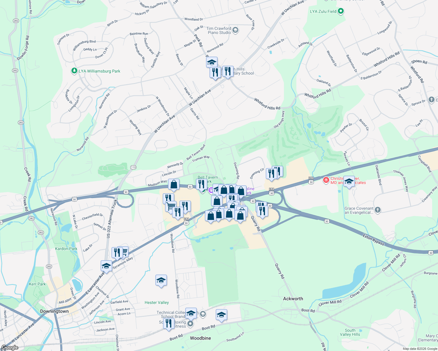 map of restaurants, bars, coffee shops, grocery stores, and more near 200 Truman Way in Downingtown