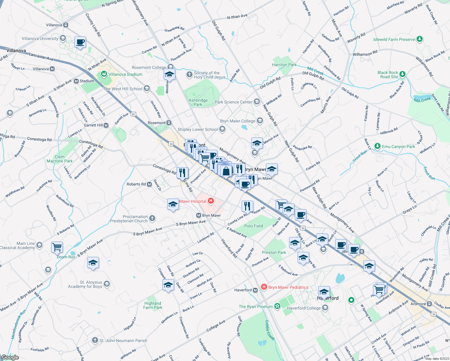 map of restaurants, bars, coffee shops, grocery stores, and more near 834 West Lancaster Avenue in Bryn Mawr