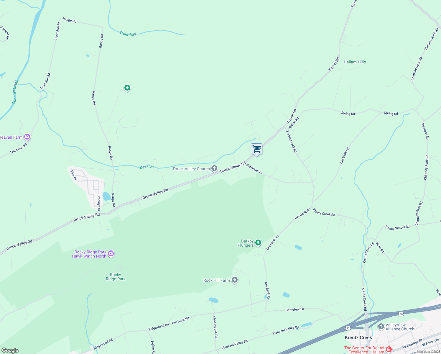 map of restaurants, bars, coffee shops, grocery stores, and more near 4510 Druck Valley Rd in York