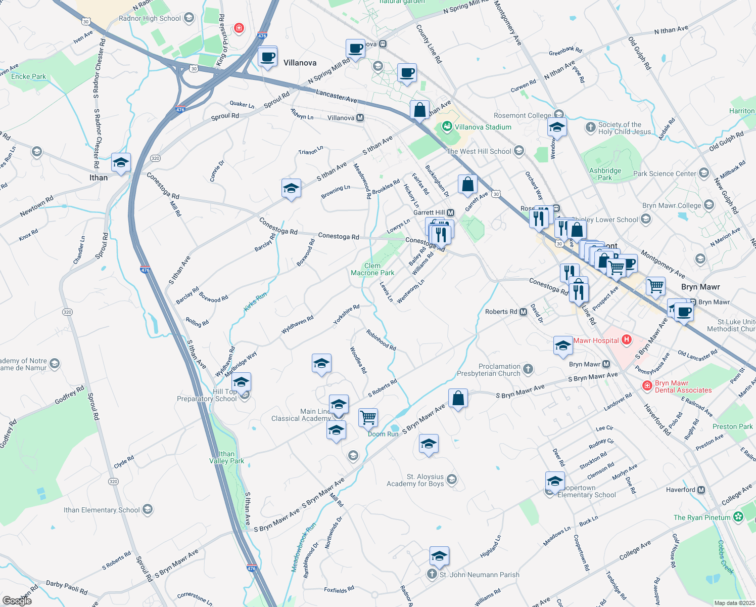 map of restaurants, bars, coffee shops, grocery stores, and more near 361 Yorkshire Road in Bryn Mawr