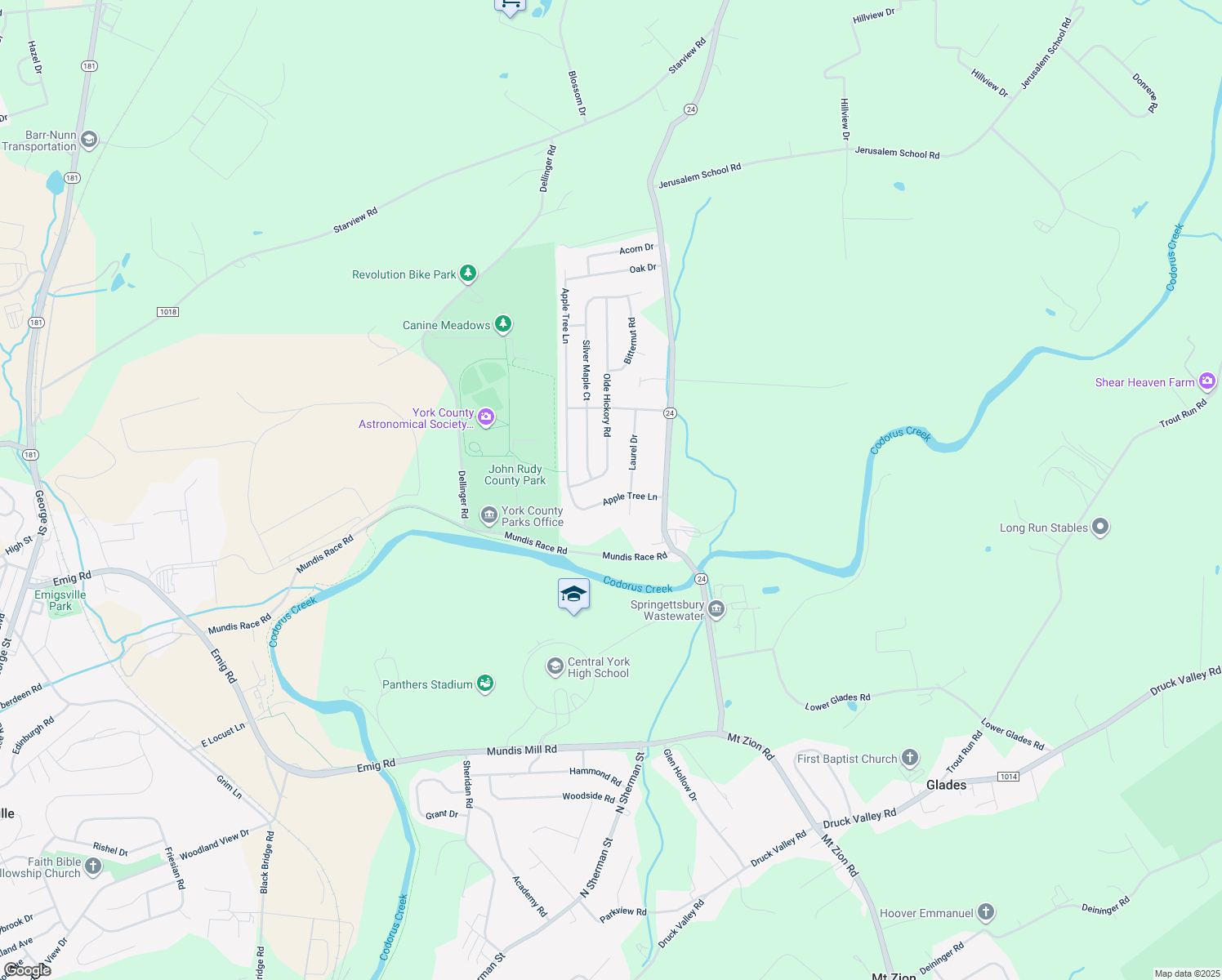 map of restaurants, bars, coffee shops, grocery stores, and more near 125 Apple Tree Ln in Mt Wolf