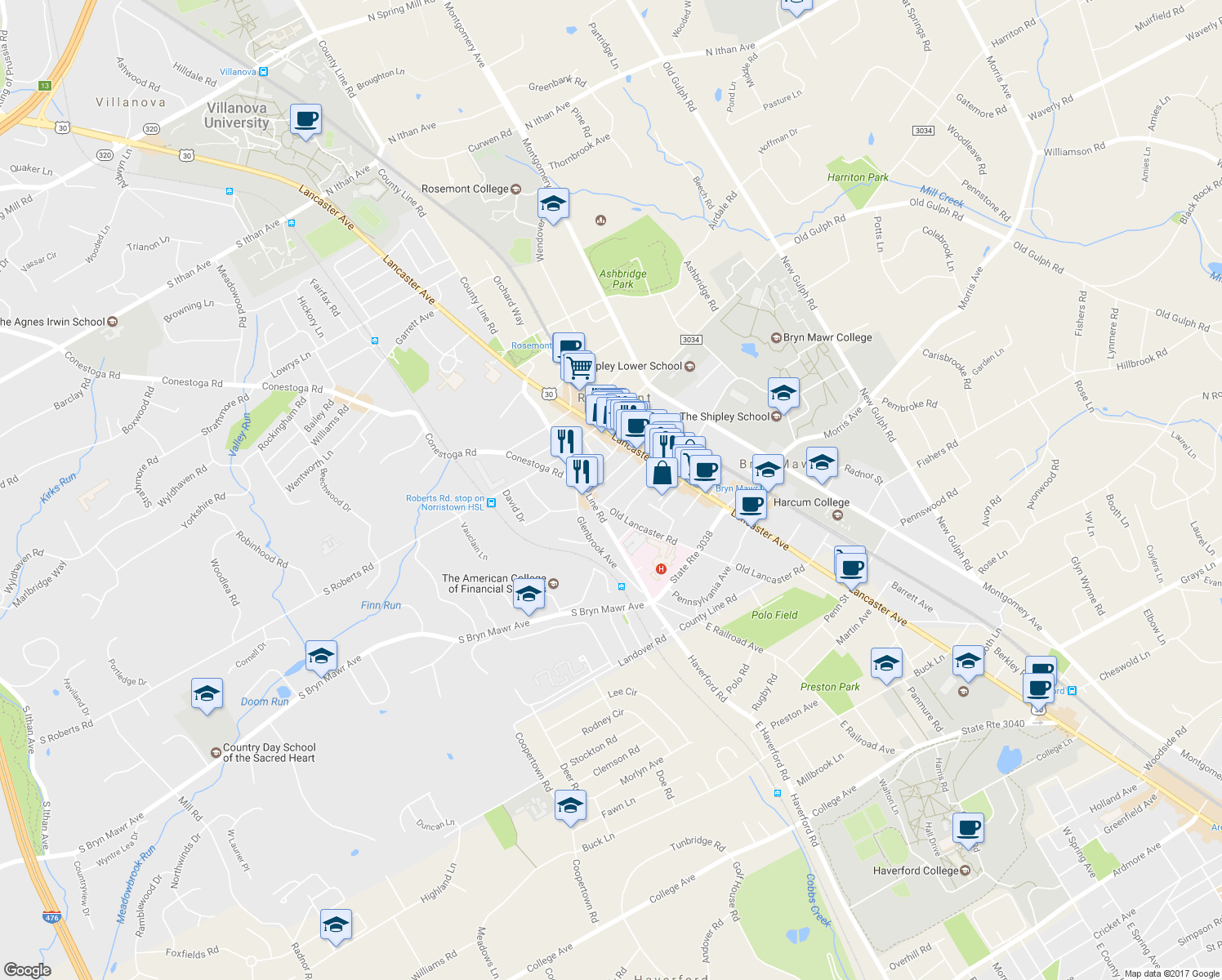 map of restaurants, bars, coffee shops, grocery stores, and more near 56 Prospect Avenue in Bryn Mawr
