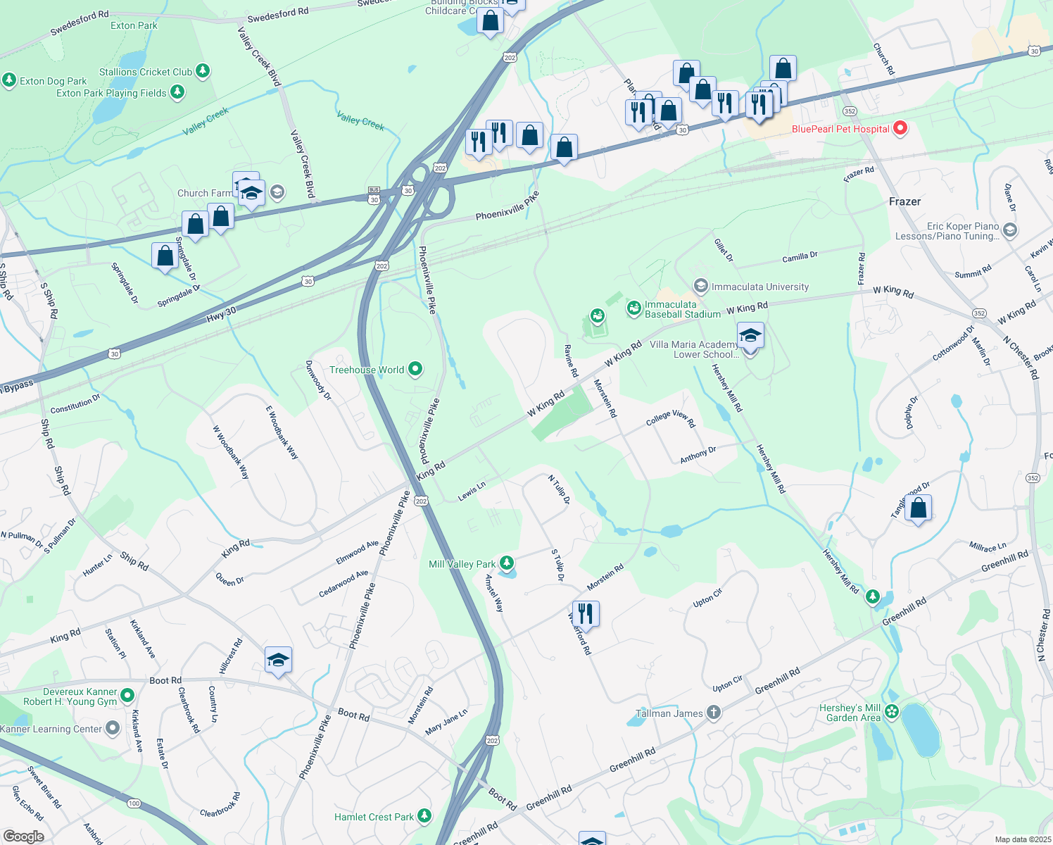 map of restaurants, bars, coffee shops, grocery stores, and more near 1322 West King Road in Malvern