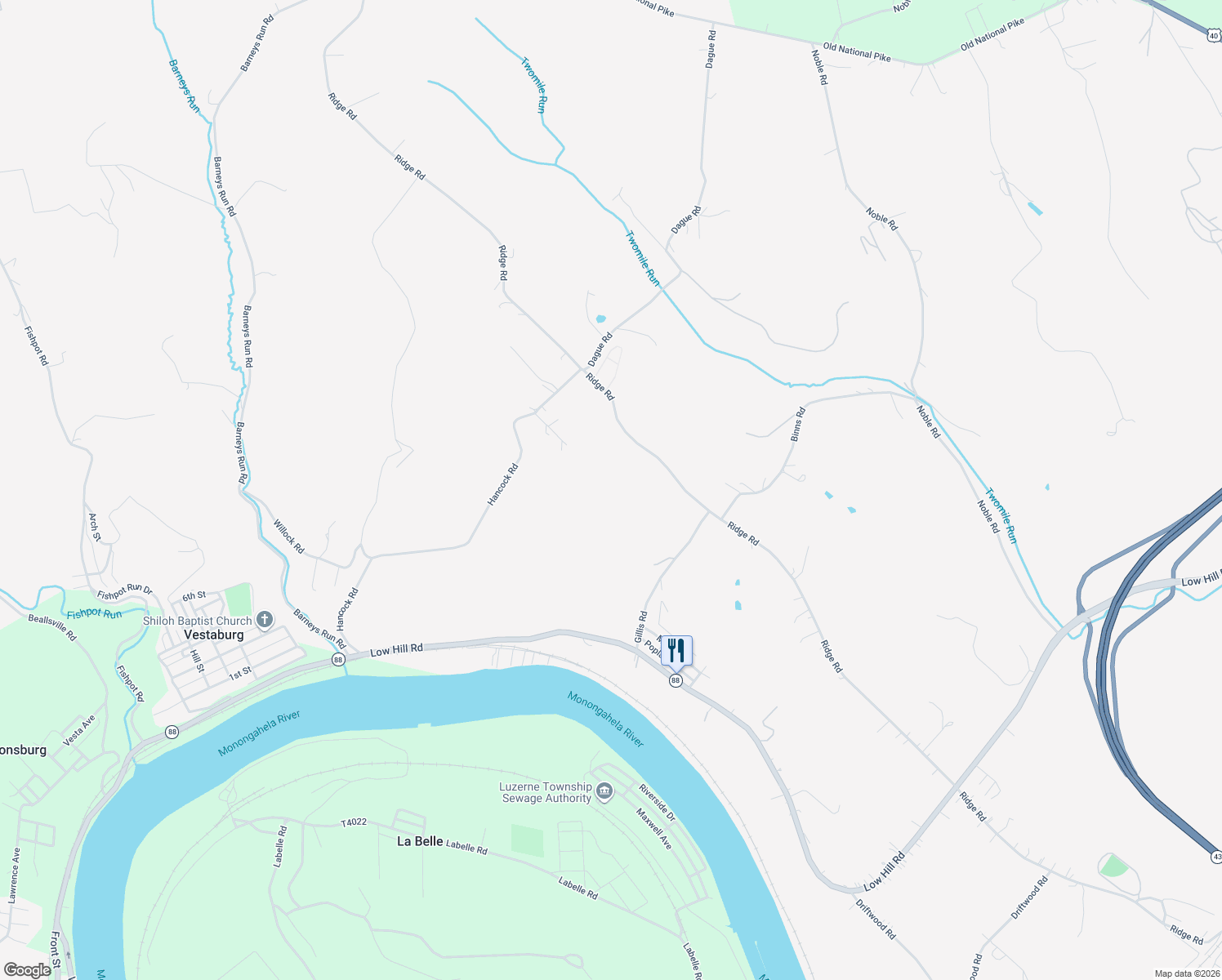 map of restaurants, bars, coffee shops, grocery stores, and more near 551 Ridge Road in Brownsville