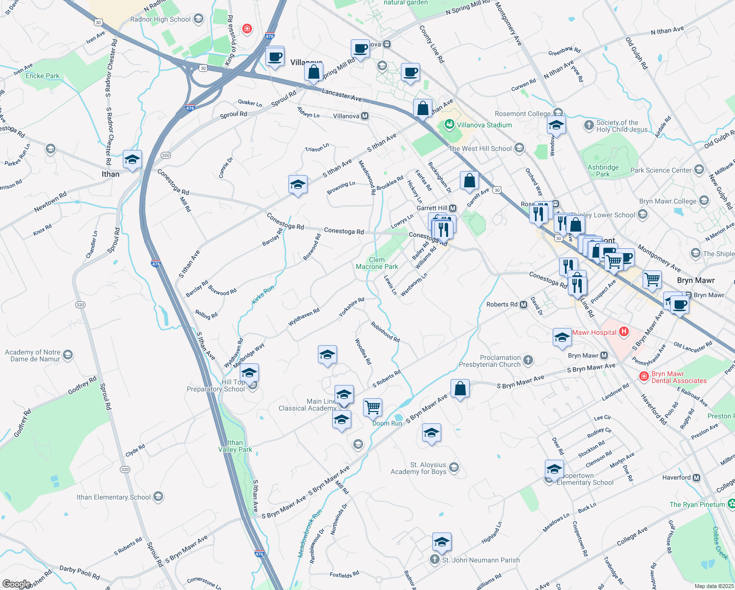 map of restaurants, bars, coffee shops, grocery stores, and more near 360 Yorkshire Road in Bryn Mawr